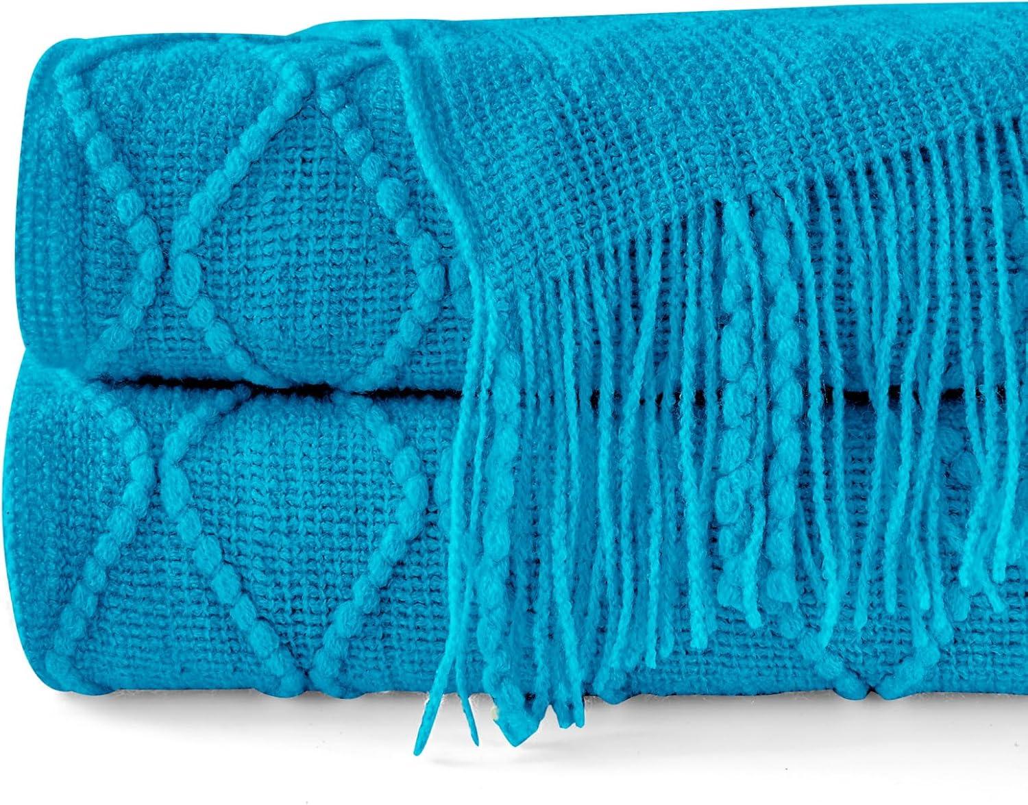 Teal Wool Knitted Lightweight Throw Blanket with Tassels