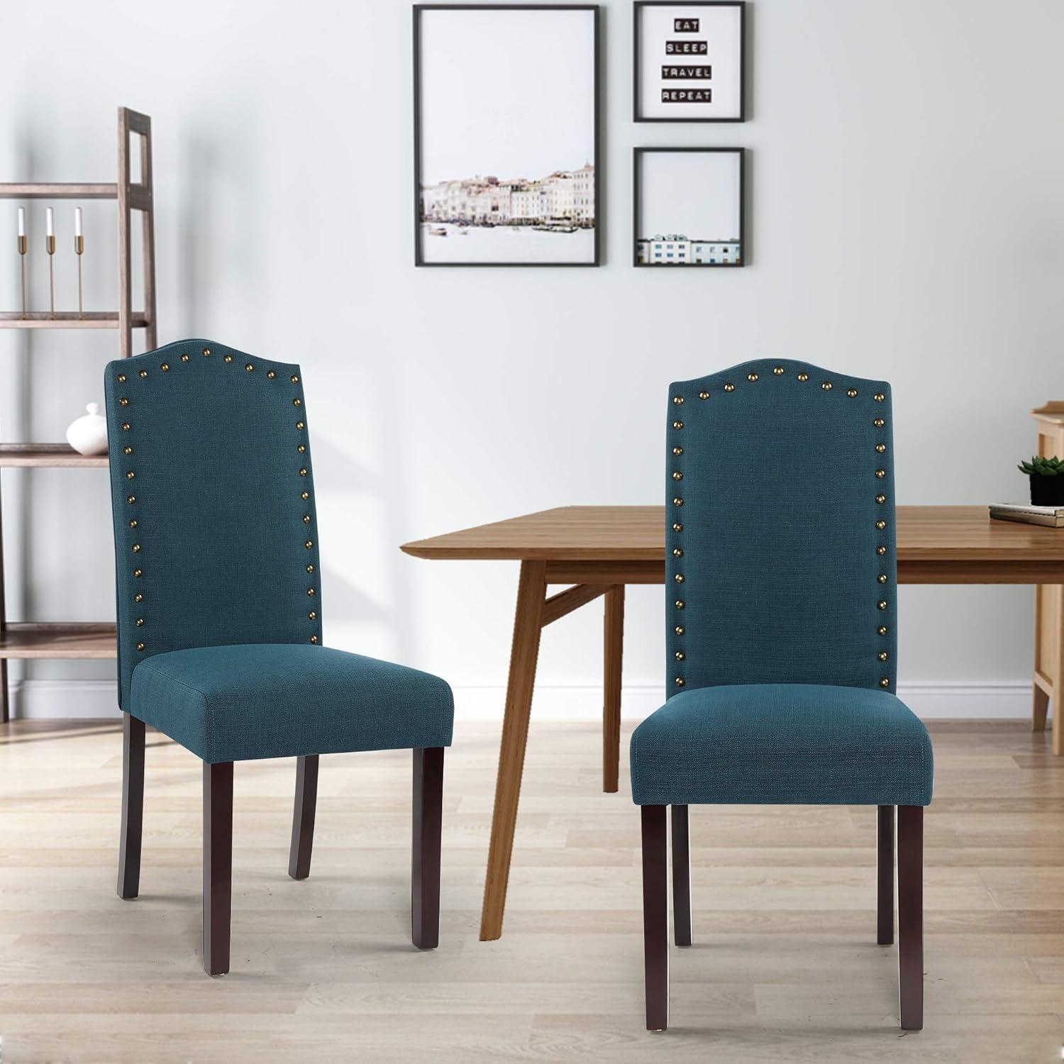 Blue Linen Upholstered Parsons Side Chair with Nailhead Trim, Set of 2