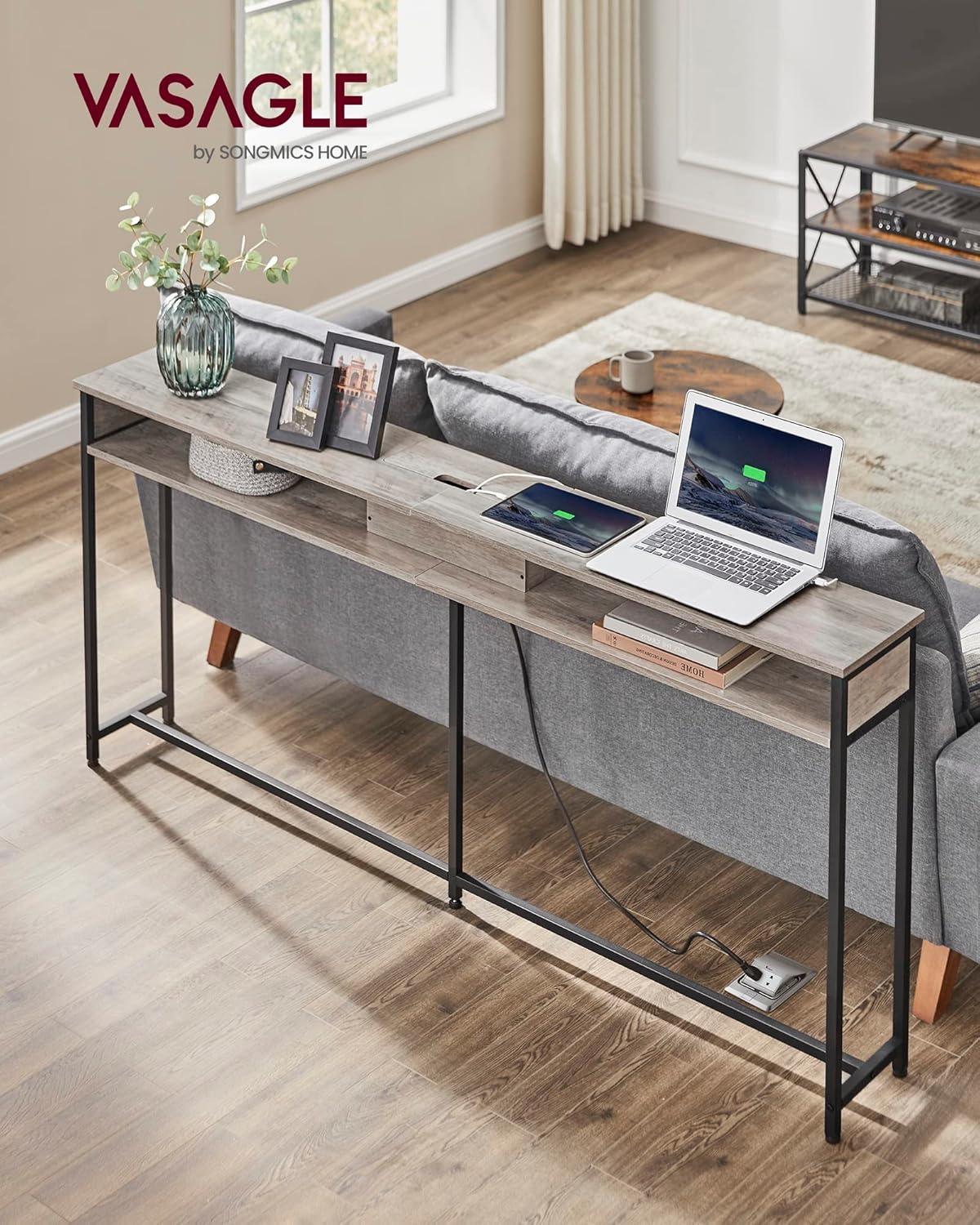 Greige and Black 70.9" Console Table with Storage and Charging Station