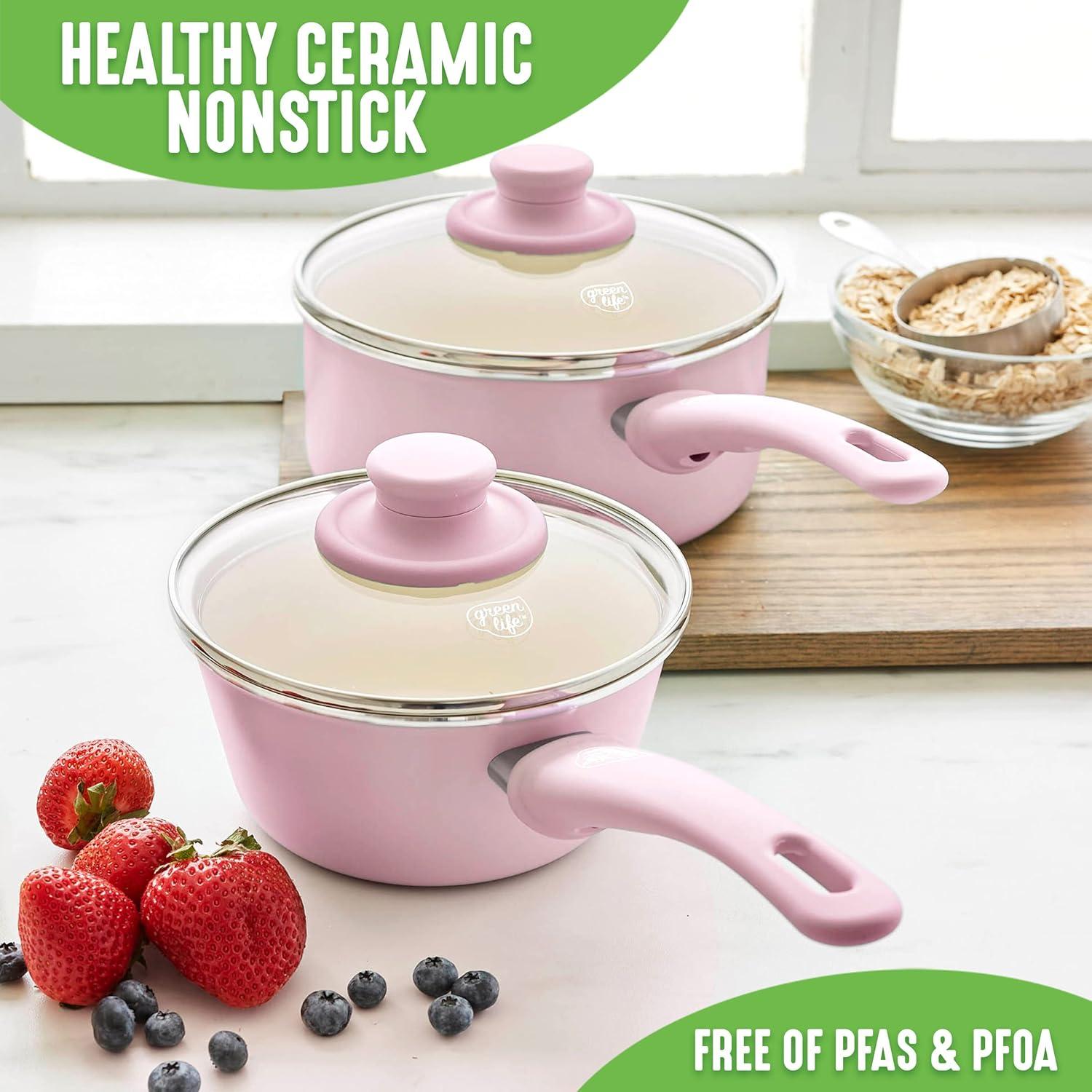 GreenLife GreenLife Soft Grip Healthy Ceramic Nonstick, 1QT And 2QT Saucepan Pot Set With Lids, Dishwasher Safe