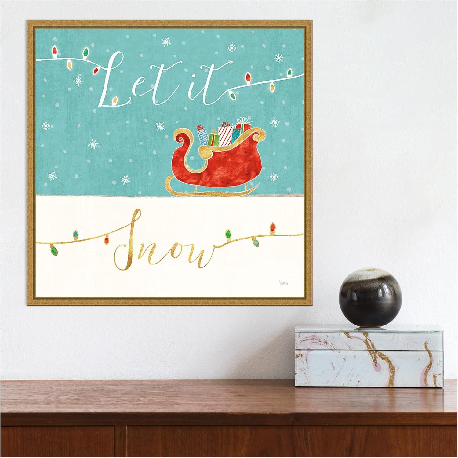 Let It Snow Christmas Sleigh Framed Canvas Print with Gold Frame