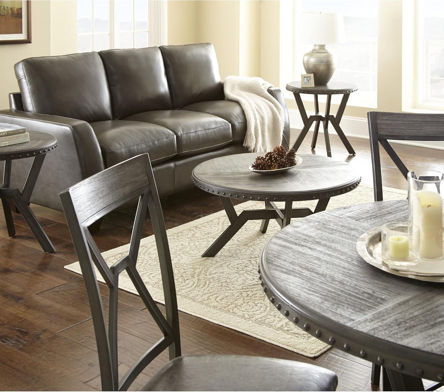 Gray Round Wood and Metal Coffee Table with Nailhead Trim