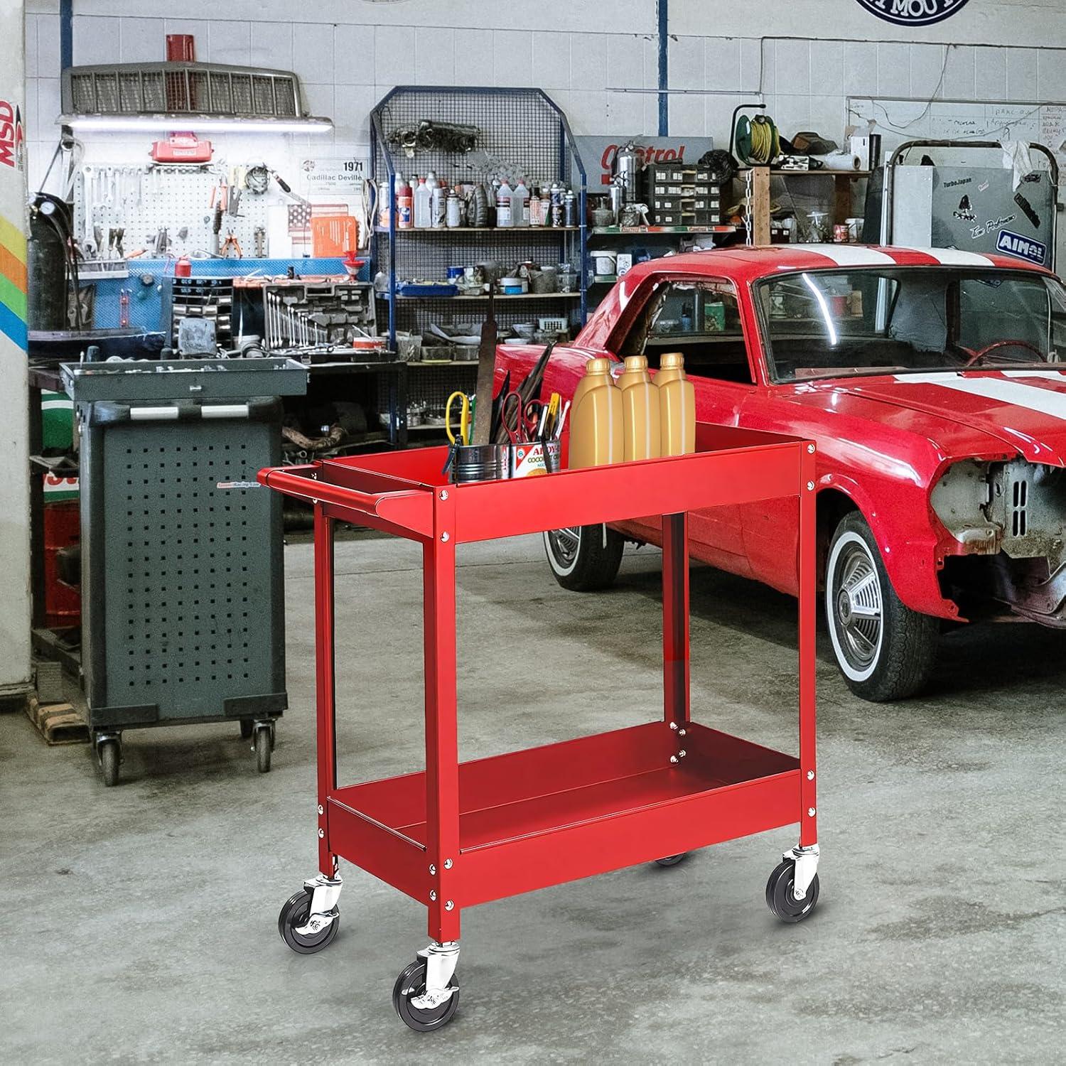 Red Heavy Duty 2-Shelf Steel Utility Cart with Swivel Casters