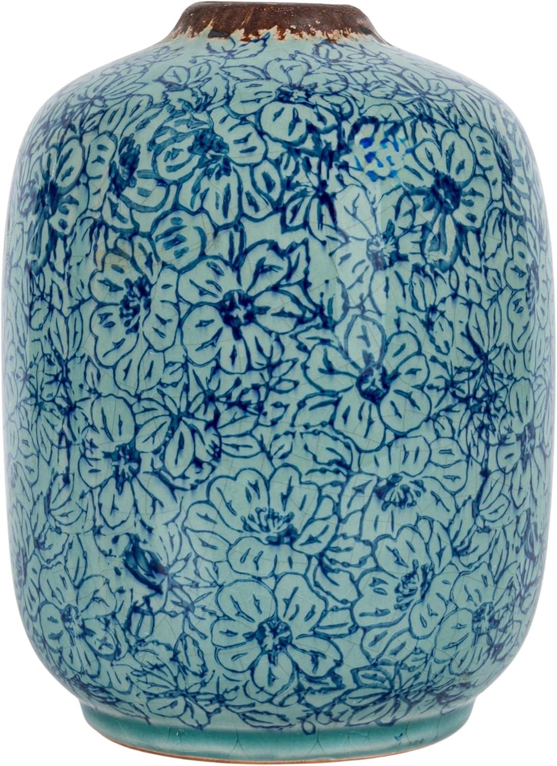 Distressed Blue Ceramic Floral Bouquet Vase 6.5" H