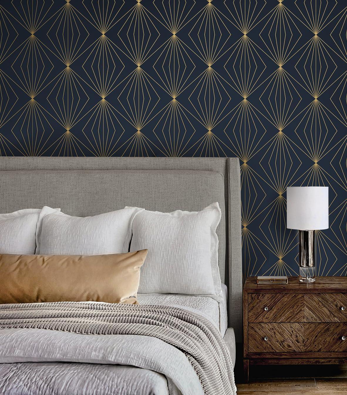 Dark Blue and Metallic Gold Geometric Peel and Stick Wallpaper