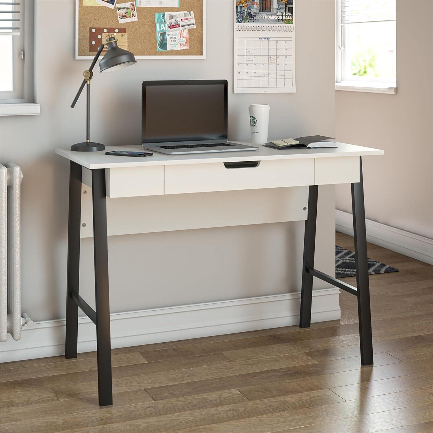 White and Black Wood Computer Desk with Drawer