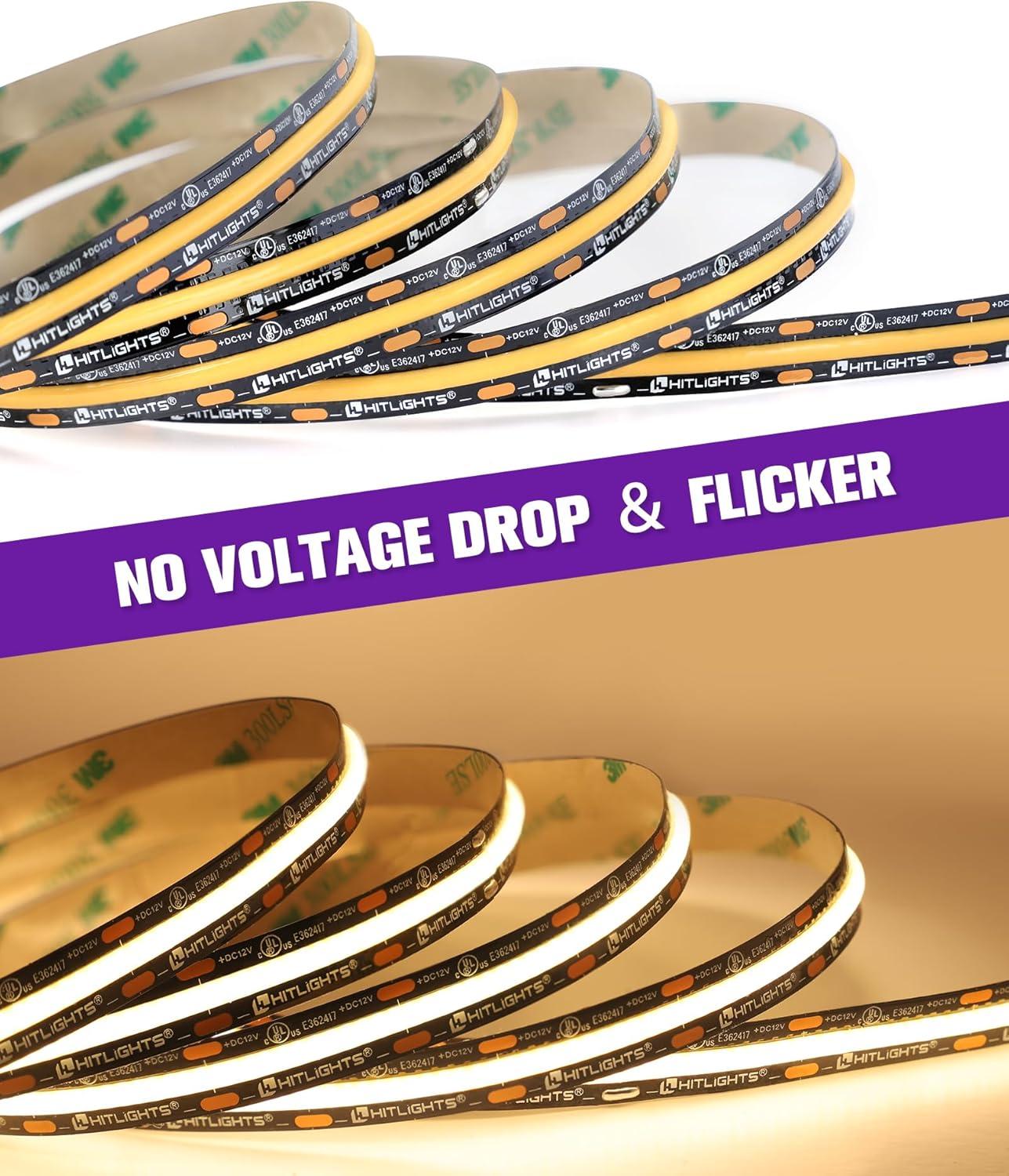 HitLights COB LED Strip Lights Warm White 3000K, 16.4ft Premium 12V Tape Light High Density, 2400 LEDs, 305+ LM/FT, CRI 90+, IP30, Lighting for Kitchen, Cabinets, UL Listed (Power Source Not Included)