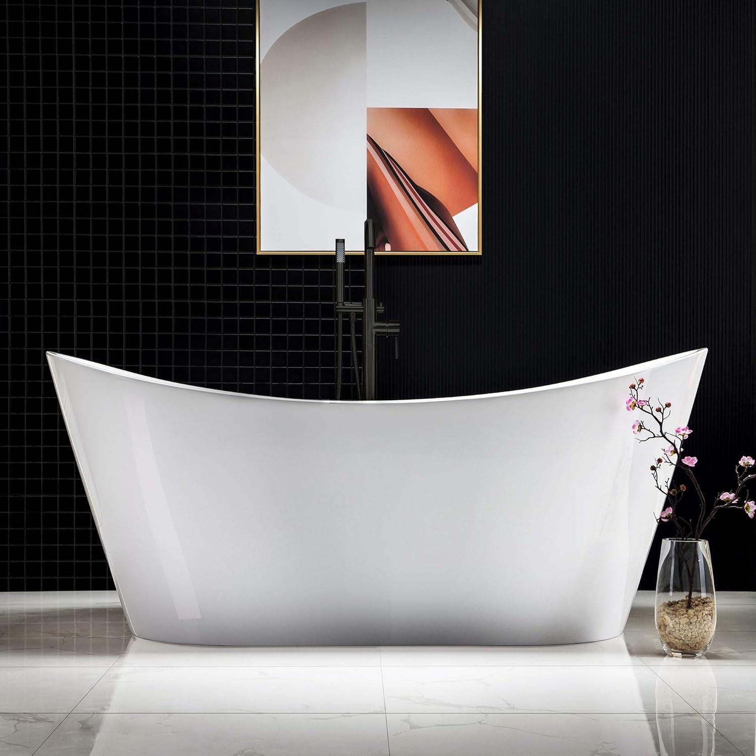 67'' White Acrylic Freestanding Soaking Bathtub with Matte Black Overflow and Drain