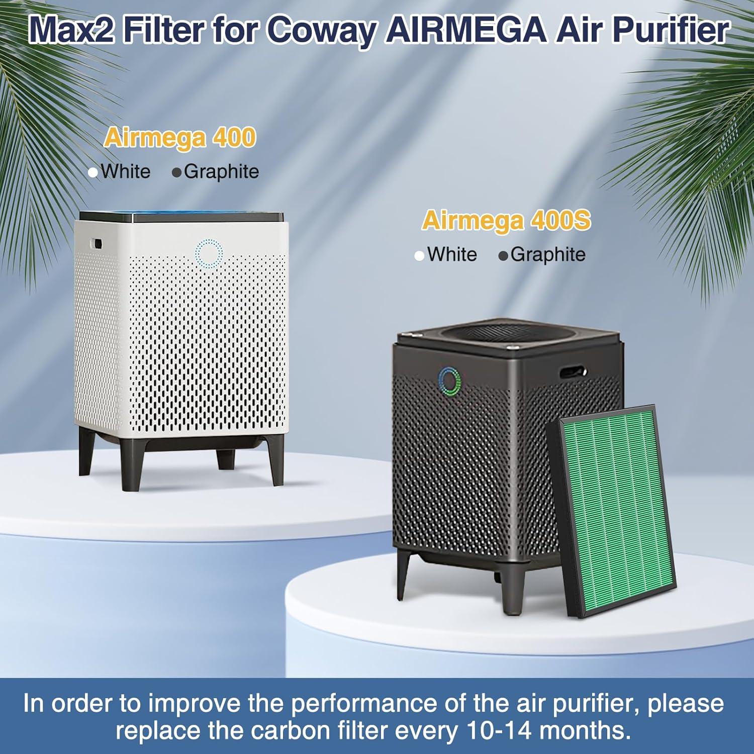 Coway Replacement Max2 Filter Set for Airmega 400 Series: True HEPA, Captures Smoke & Dust, Compatible with Coway Purifiers