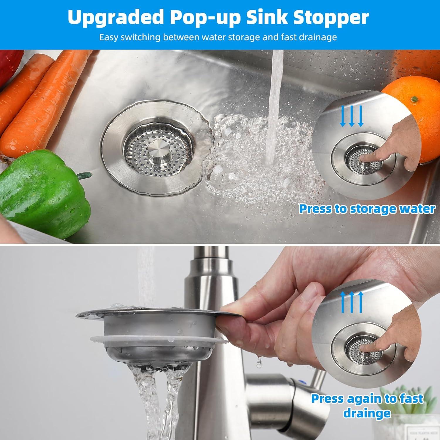 Hibbent 3-in-1 Kitchen Sink Drain Strainer  Stopper , Stainless Steel Pop-Up Design, Anti-Clogging Metal Basket with Handle, Compatible with US Standard 3-1/2" Drain