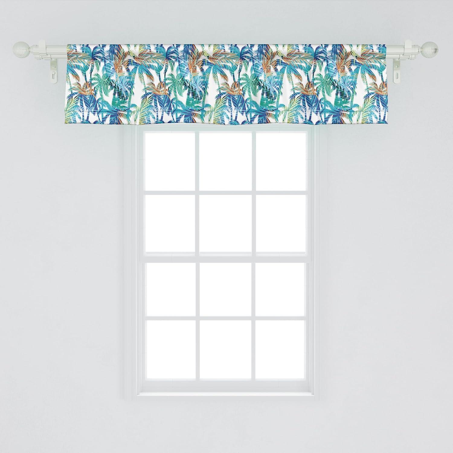 Tropical Palm Leaf Blue Green Satin Rod Pocket Valance Set