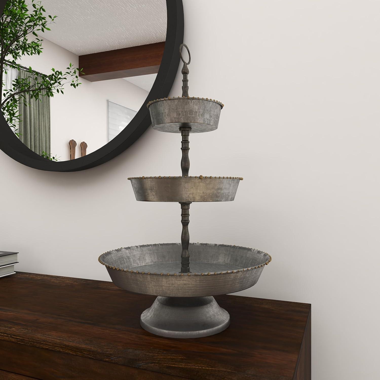 Gray Metal and Wood 3-Tier Round Server with Beaded Perimeter