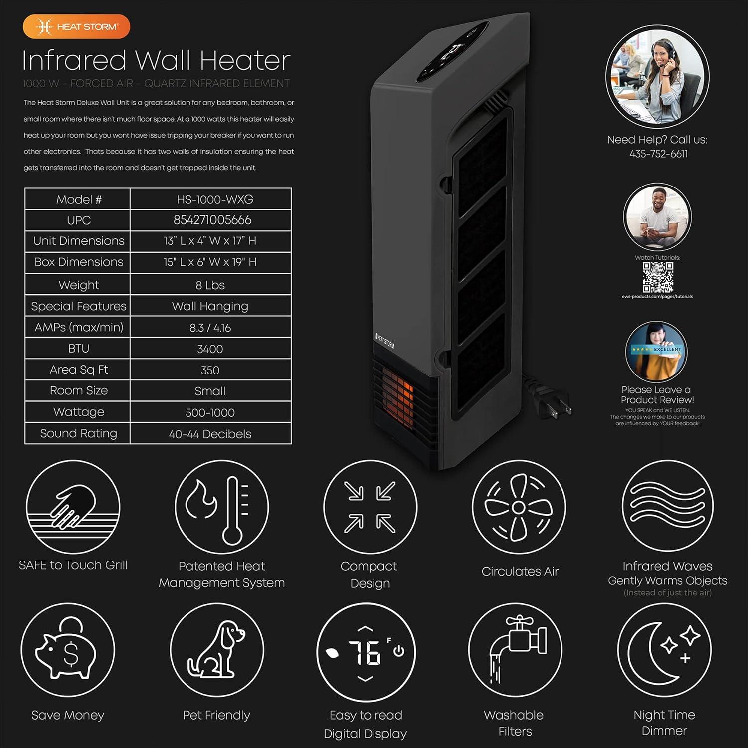Heat Storm Heat Storm 1000 Watt 3400 BTU Electric Wall Mounted Space Heater with Adjustable Thermostat , Remote Included and with Digital Display