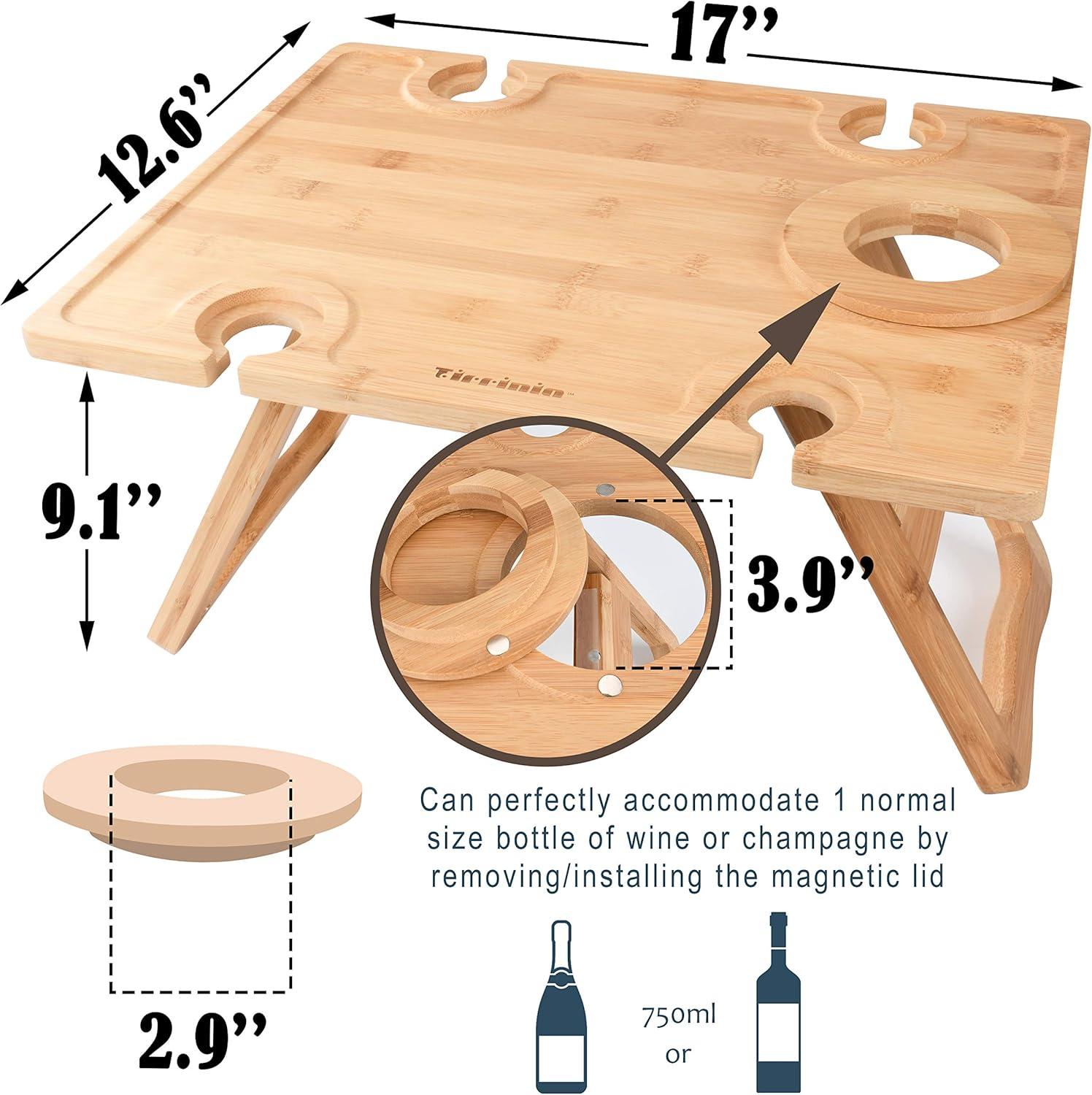Tirrinia Bamboo Wine Picnic Table, Ideal Wine Lover Gift, Large Folding Portable Outdoor Snack & Cheese Tray for Concerts at Park, Beach