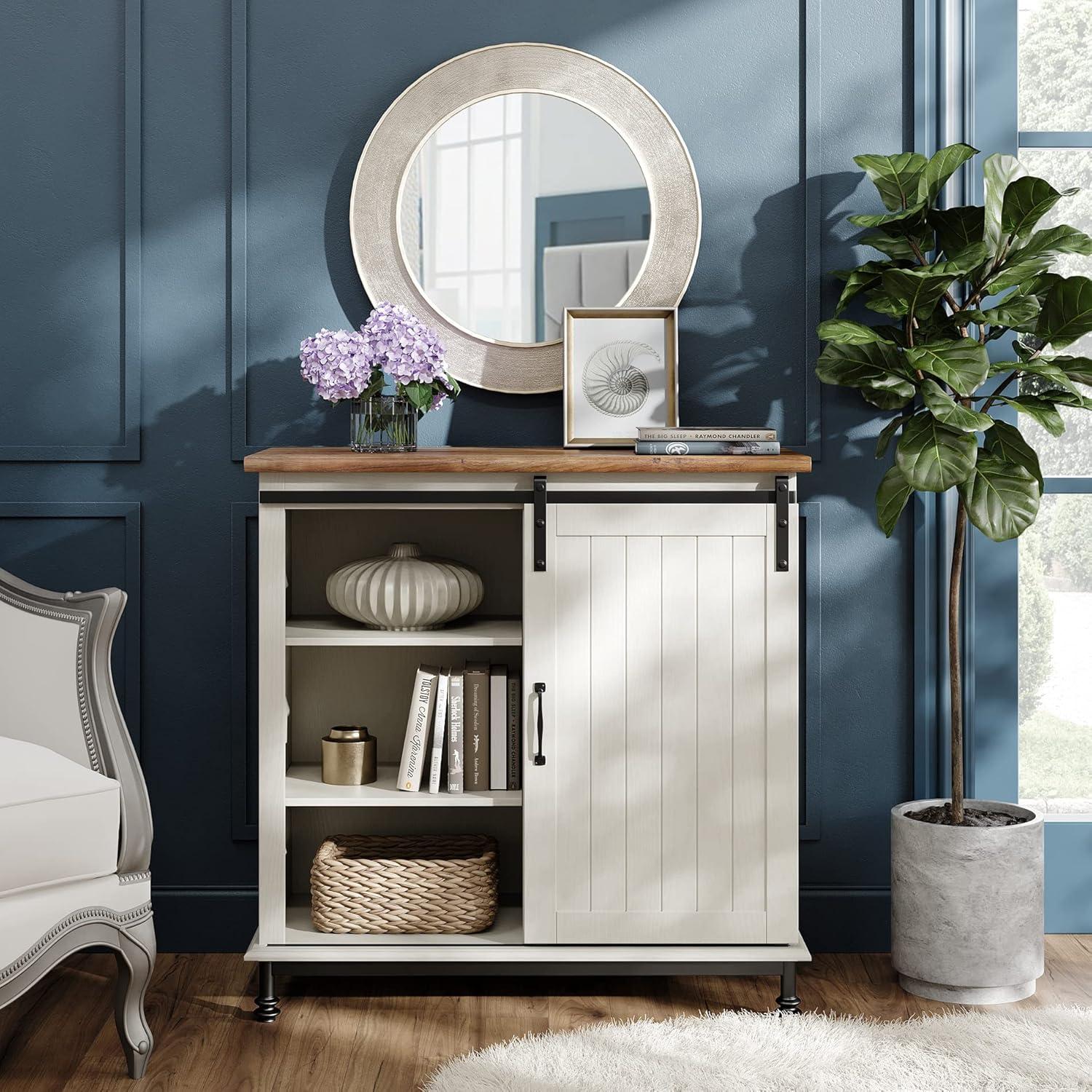 WAMPAT Farmhouse Coffee Bar Cabinet with Sliding Barn Door, Wood Sideboard Buffet Cabinet with Adjustable Shelf & Metal Leg, Kitchen Cabinet for Dining Room, Living Room, White, 35 Inch