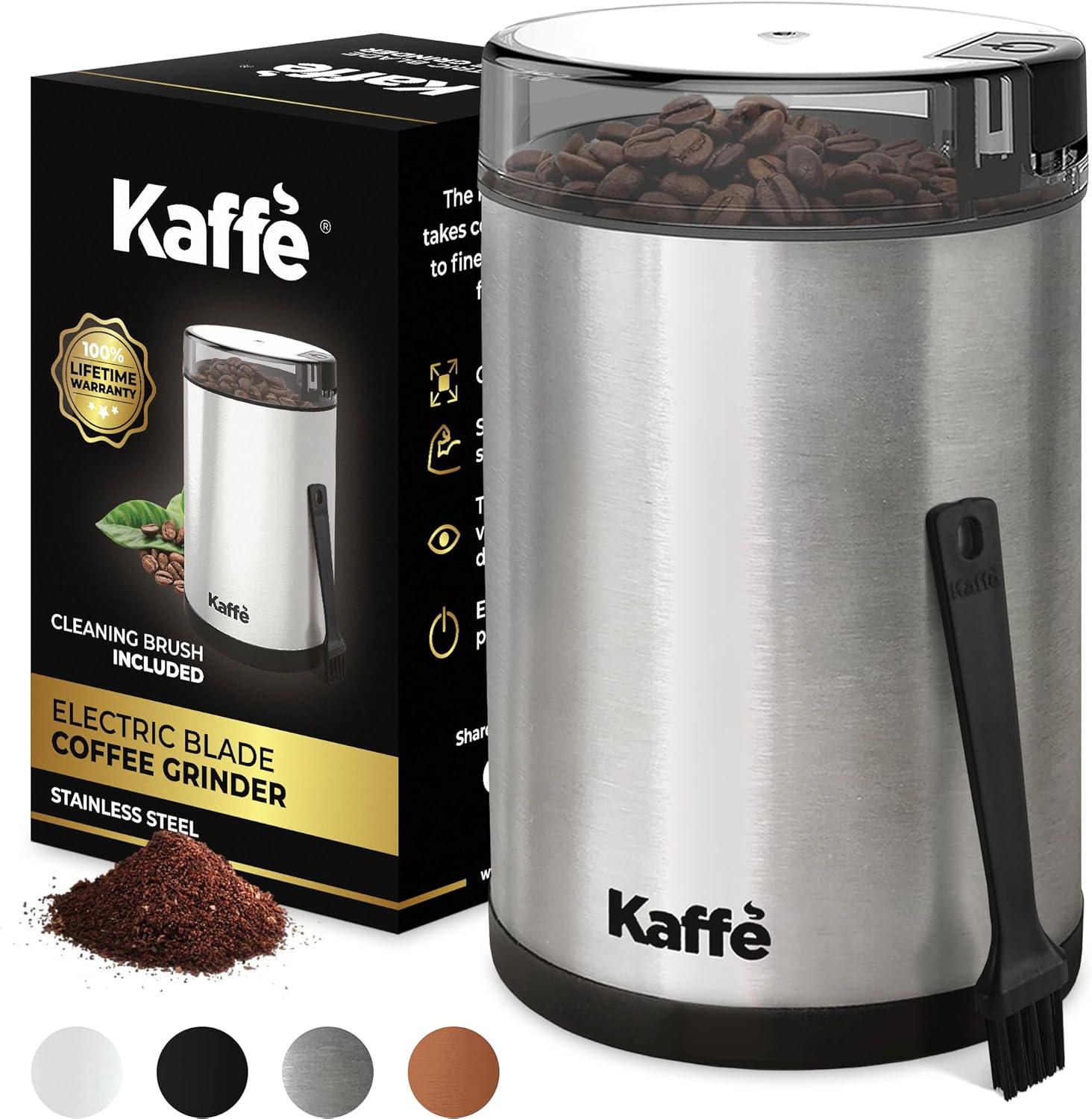 Kaffe One-Touch Coffee Grinder Electric w/Cleaning Brush (3 oz) - Stainless Steel - Coffee Grinders for Home Use - Up to 12 Cups of Coffee per Grind - Easy On/Off Coffee Bean Grinder - Silver