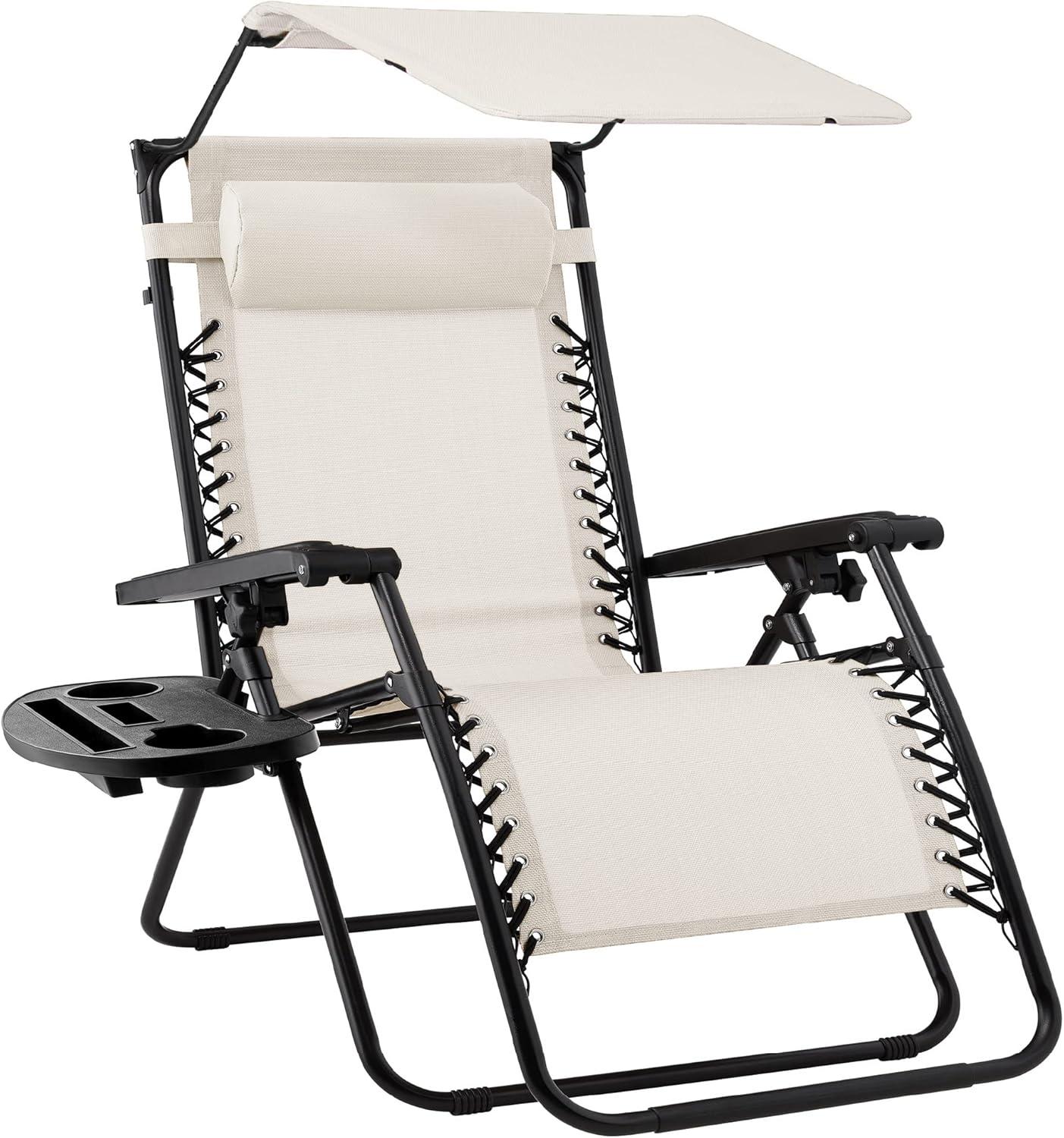 Best Choice Products Folding Zero Gravity Recliner Patio Lounge Chair w/ Canopy Shade, Headrest, Tray - Ivory