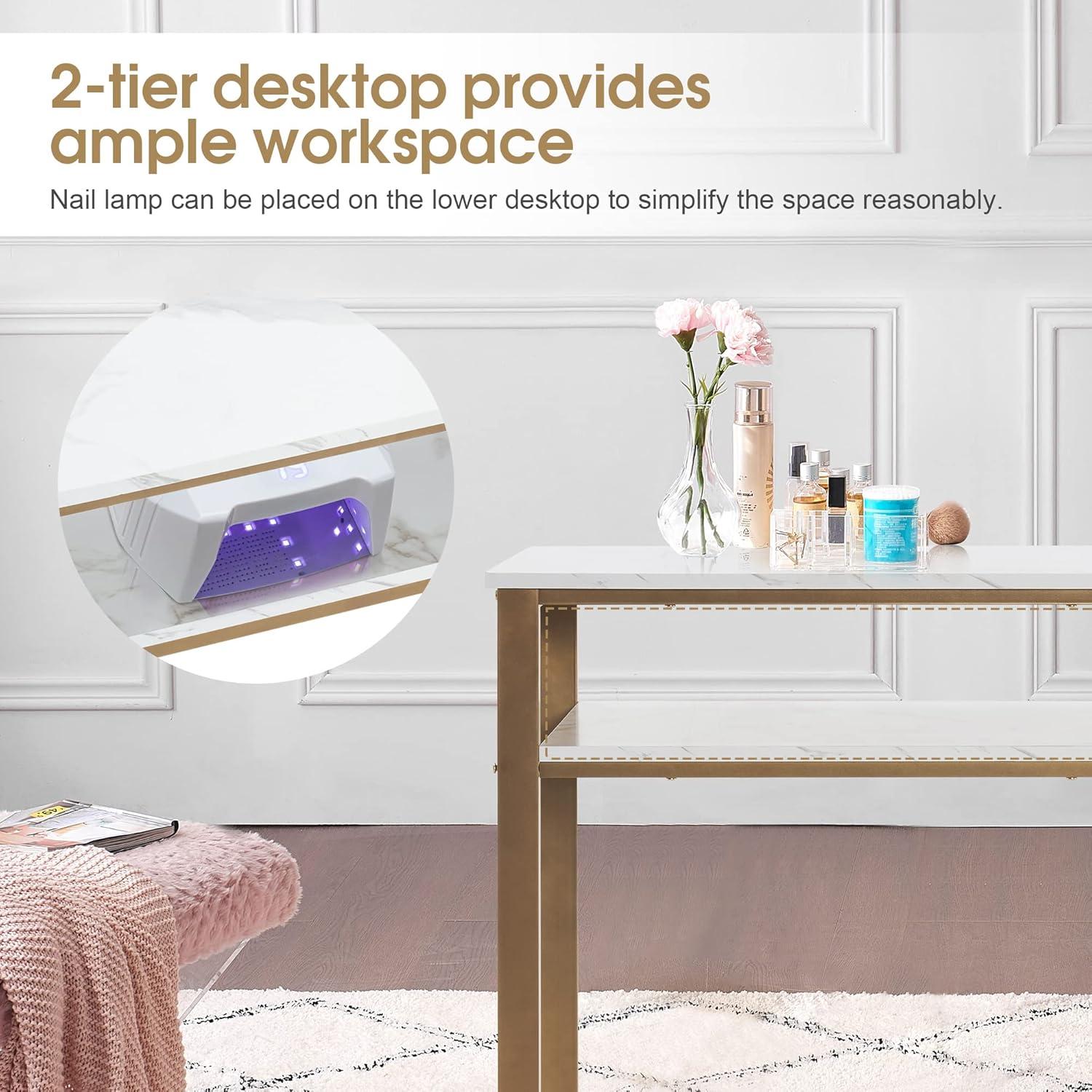 BarberPub Makeup Vanity Desk with Storage, Manicure Table with Metal Frame, Faux Marble Top