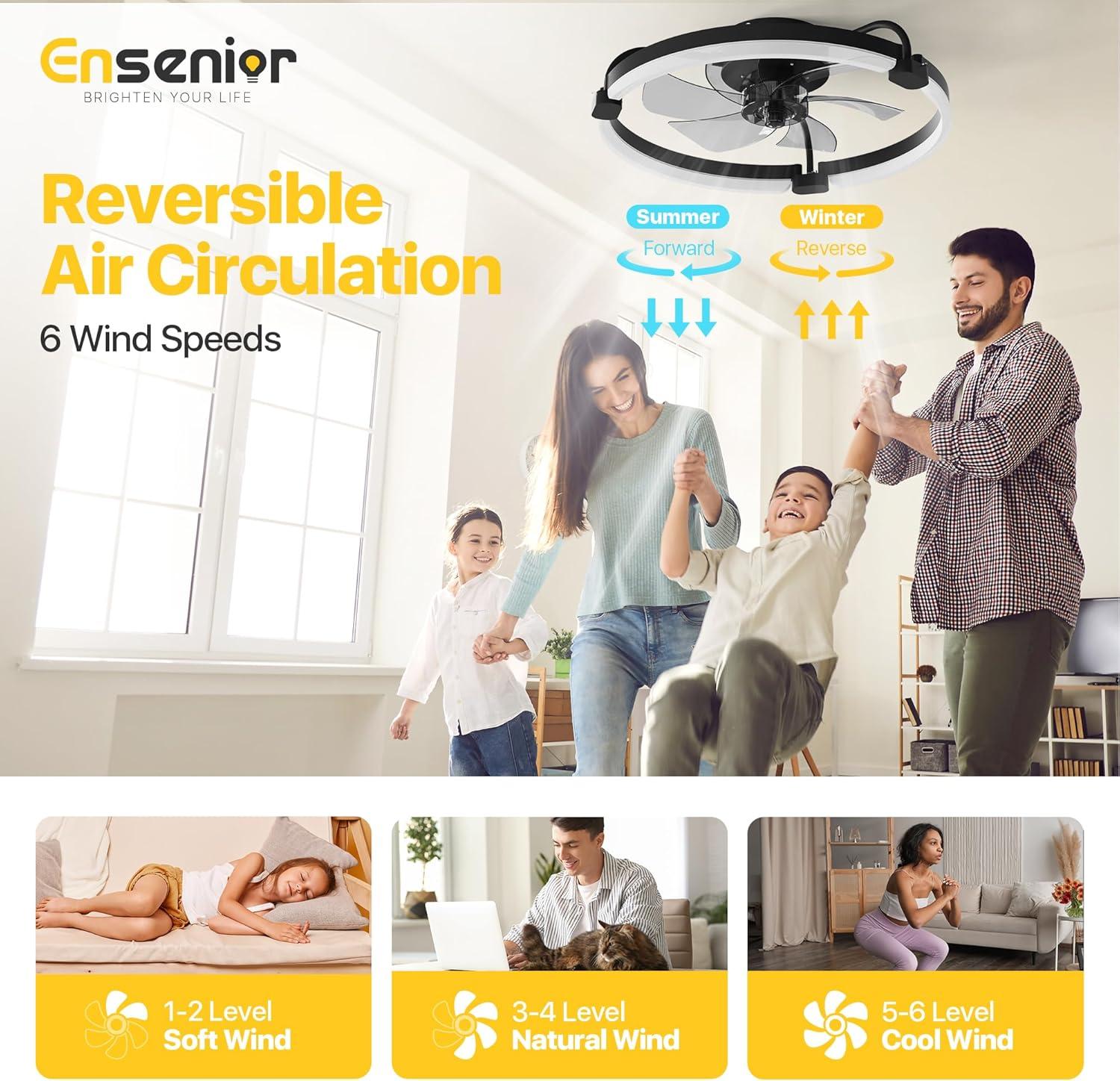 Ensenior 20'' Low Profile Ceiling Fans with Lights and Remote, Fandelier Ceiling Fan Flush Mount, APP Control, 6 Speed & 3000K-6500K Stepless Dimmable Small Ceiling Fan with Light for Bedroom - Black