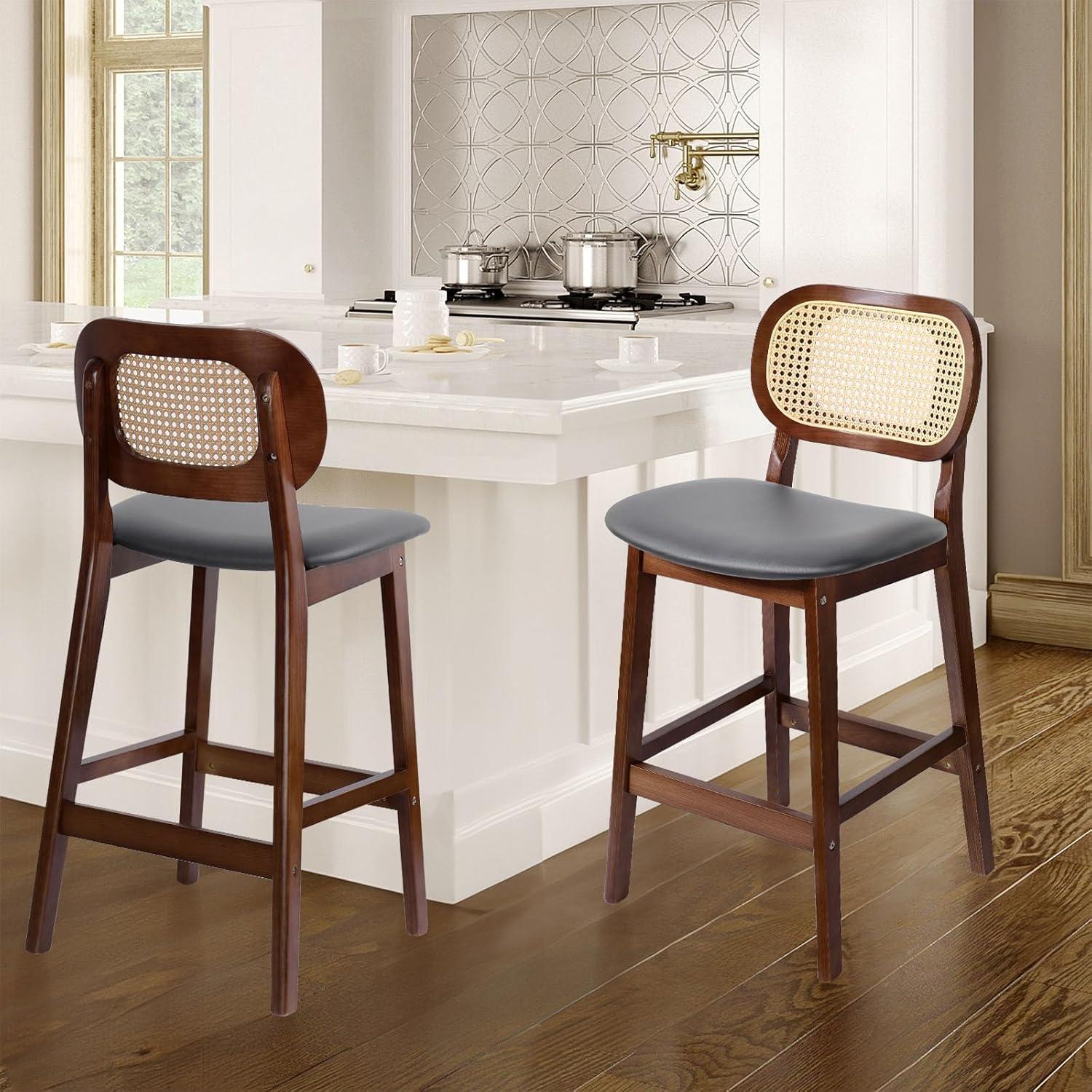 Lucky Monet Wood Upholstered Counter Height Bar Stools with Rattan Back - 36.81"H x 17.72"W x 18.7"D Set of 2 - White Faux Leather/ Brown Frame