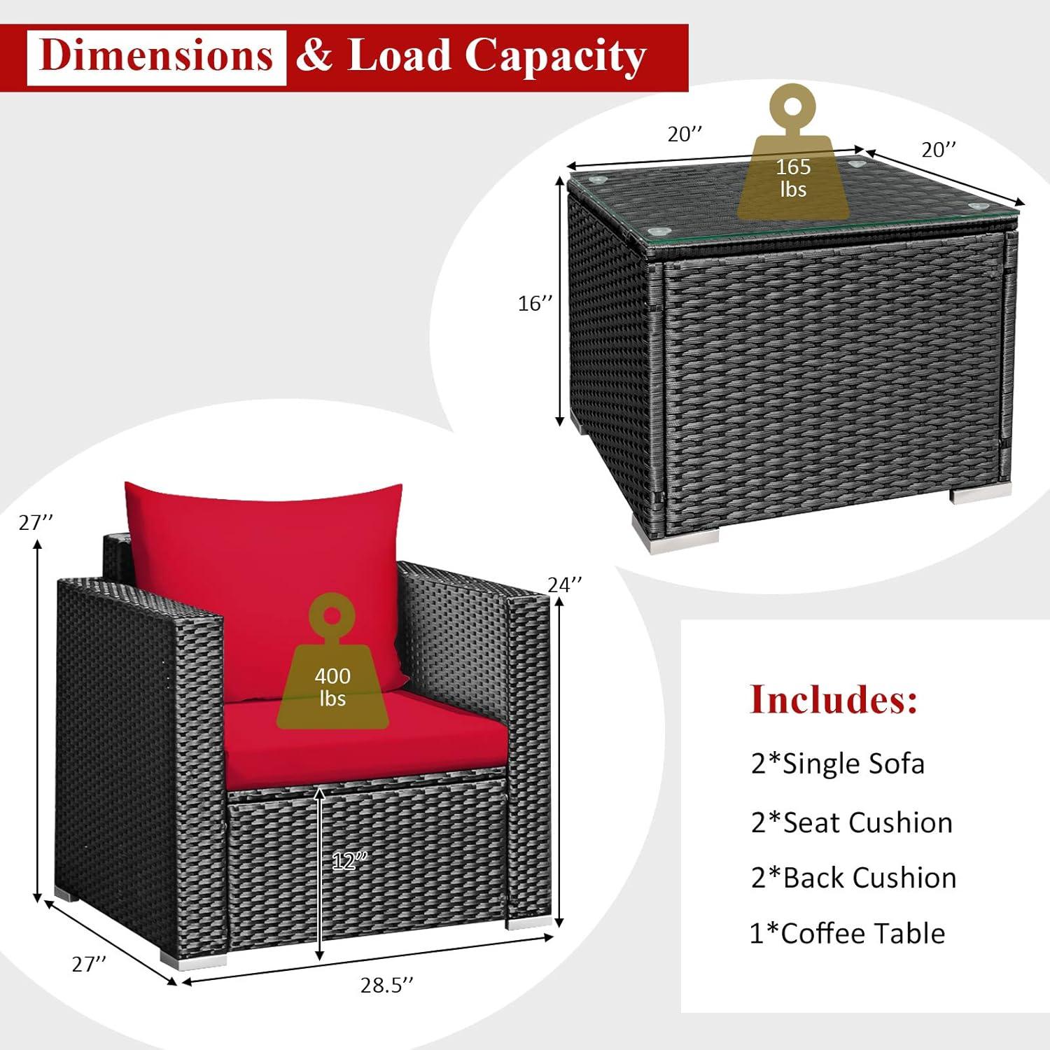 Costway 3PCS Patio Rattan Wicker Furniture Set Sofa Table W/Cushion Yard Red