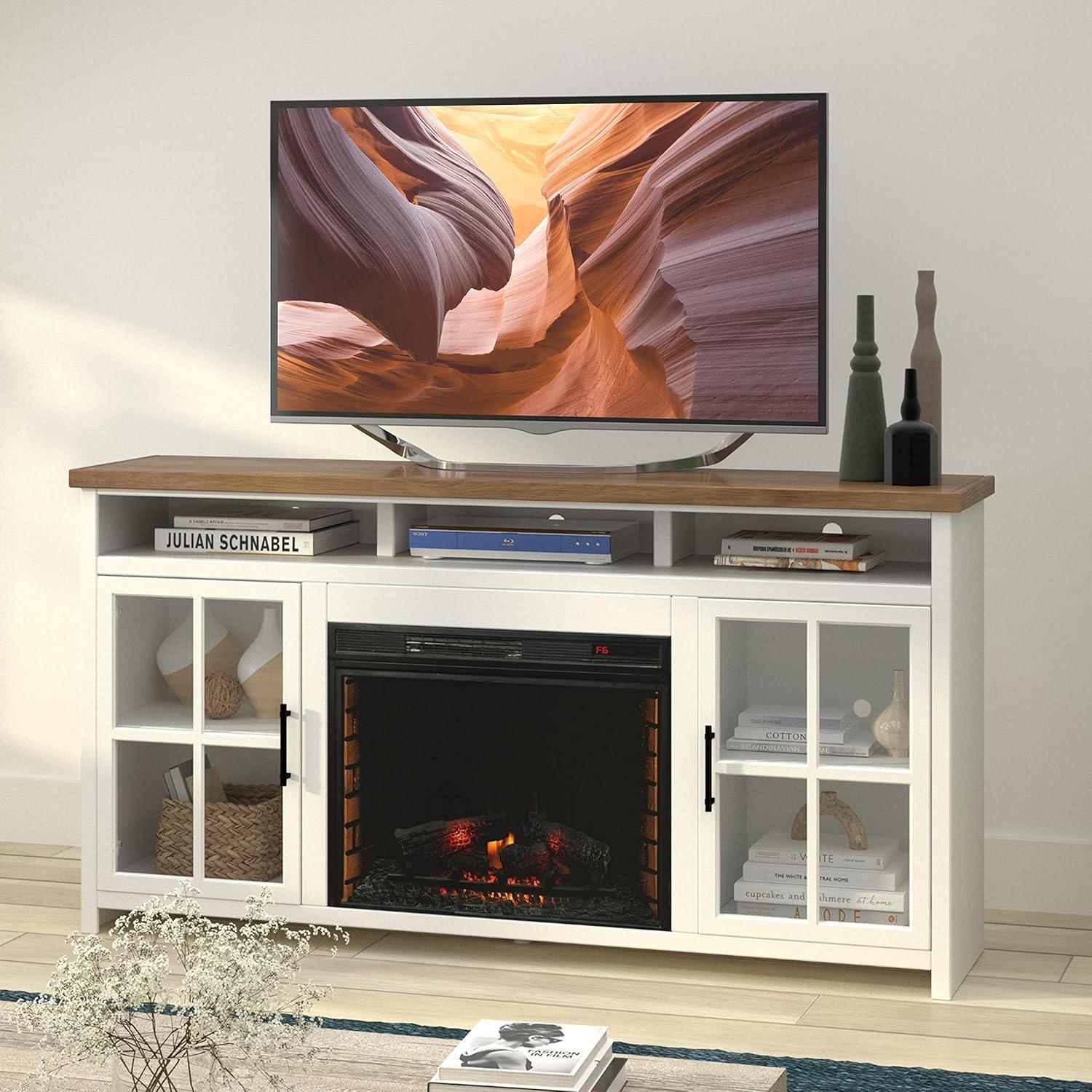 Hampton 74" White Wood TV Stand with Fireplace