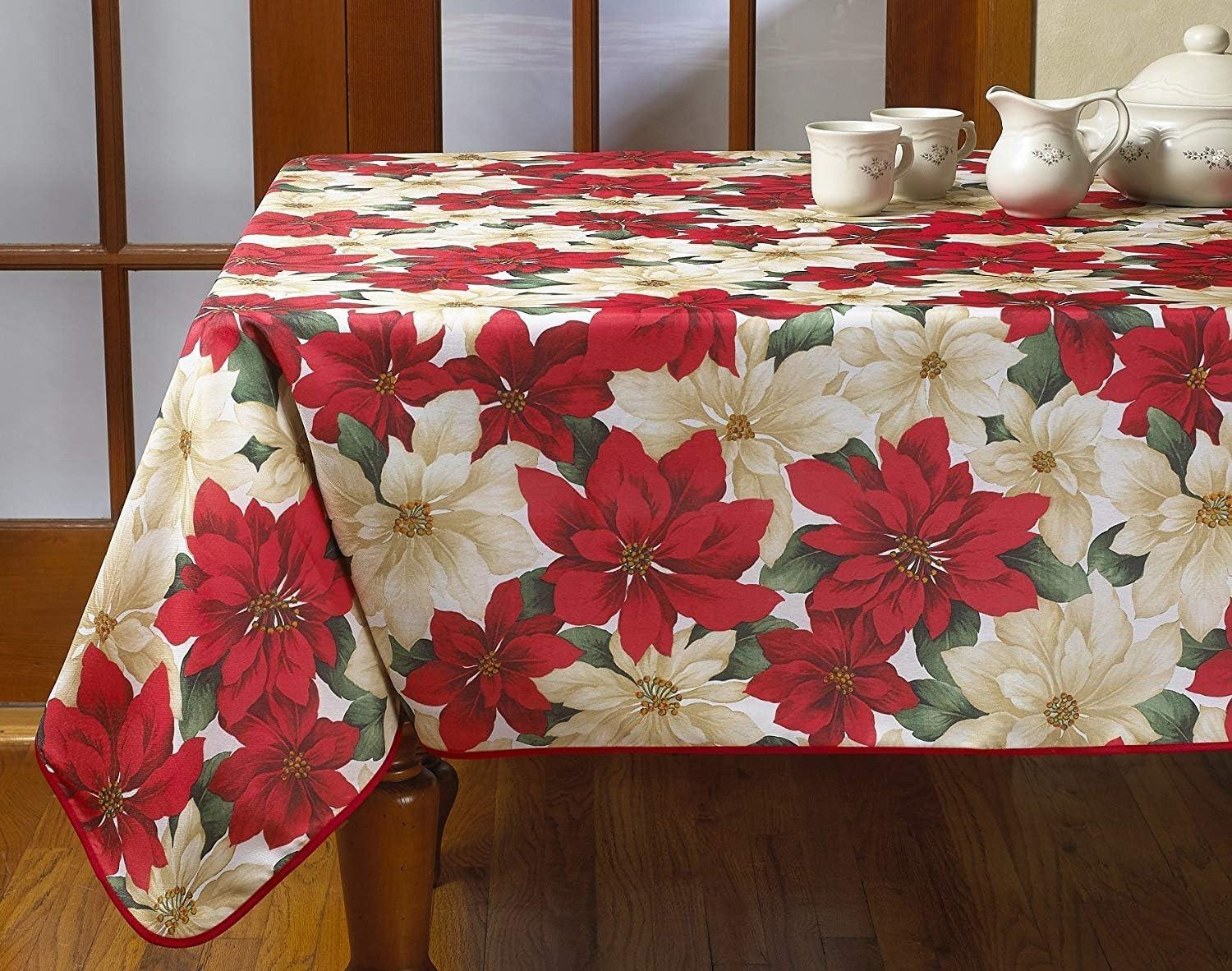 European Holiday Christmas Poinsettia Floral Design Printed Tablecloth - Beige - 60" by 120" Oblong / Rectangle