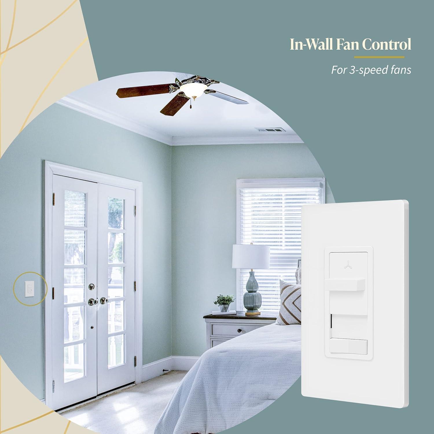 TOPGREENER Kalide 3-Speed Ceiling Fan Control Combo, in Wall Light and Fan Combination Switch, Single Pole, 2.5A, 720W, Neutral Wire Not Required, TGSFS3-W, White