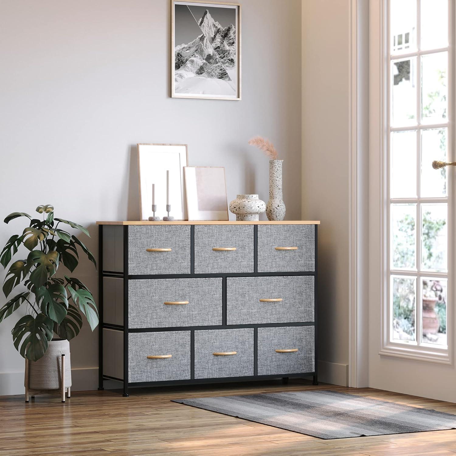 HomCom 8-Drawer Dresser, 3-Tier Fabric Chest of Drawers, Storage Tower Organizer Unit with Steel Frame Wooden Top for Bedroom, Hallway, Light Grey