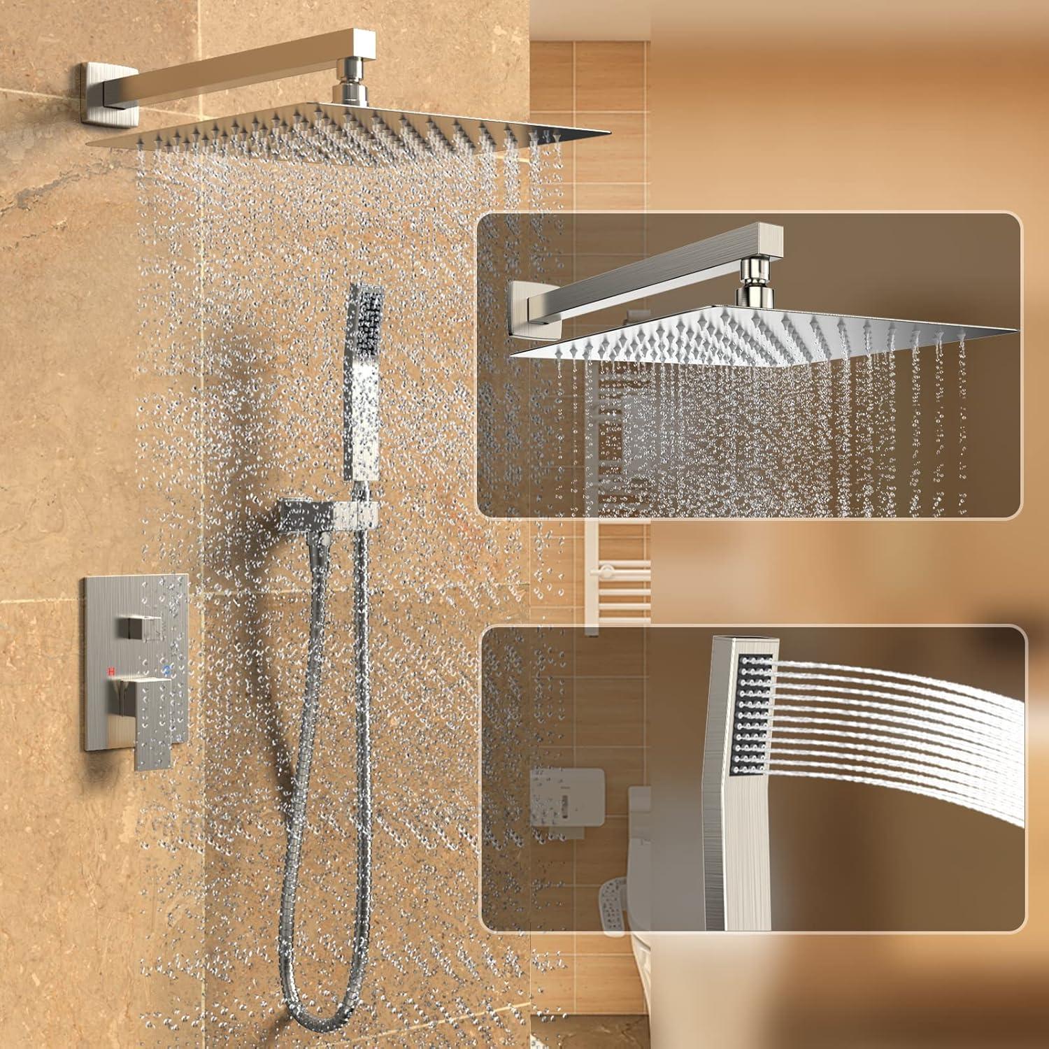 Zovajonia Shower System 12 Inches Shower Faucet Set, Rain Shower Head with Handheld Spray Bathroom Wall Mount Shower Fixtures Brushed Nickel