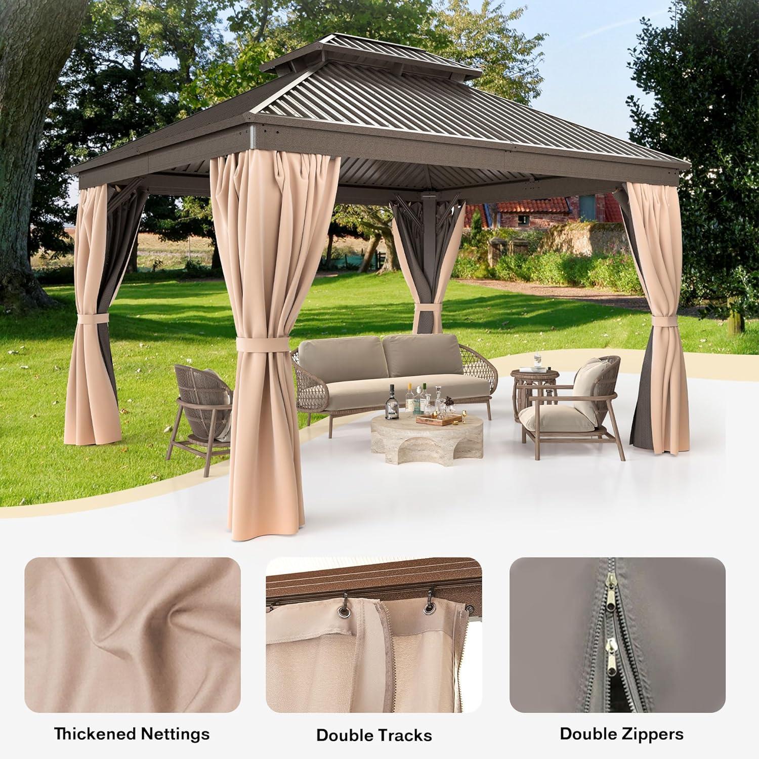 Ulax Furniture 10Ft x 12Ft Patio Hardtop Gazebo Outdoor Aluminum Pergola with Galvanized Steel Double Roof Canopy, Polyester Curtain and Mosquito Net, 10, Brown