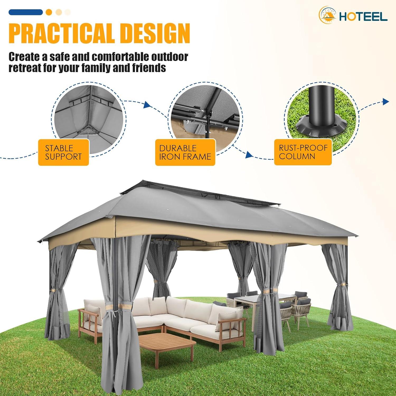 COBIZI 12X20 Heavy Duty Gazebo Outdoor Gazebo with Mosquito Netting and Curtains, Canopy Tent Deck Gazebo with Double-Arc Roof Ventiation and Metal Steel Frame Suitable for Lawn, Backyard, Patio,Gray