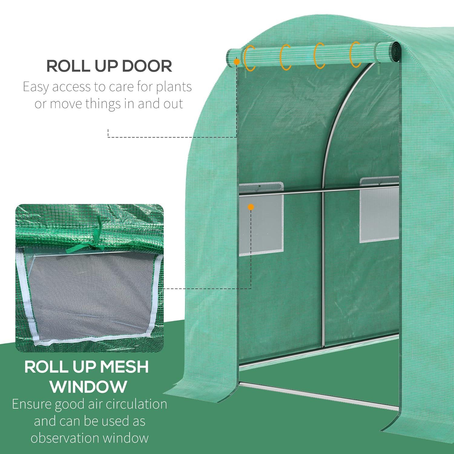Outsunny 10' x 10' x 6.5' Walk-in Tunnel Hoop Greenhouse, Polyethylene PE Cover, Steel Frame, Roll-Up Zipper Door & Windows for Flowers, Vegetables