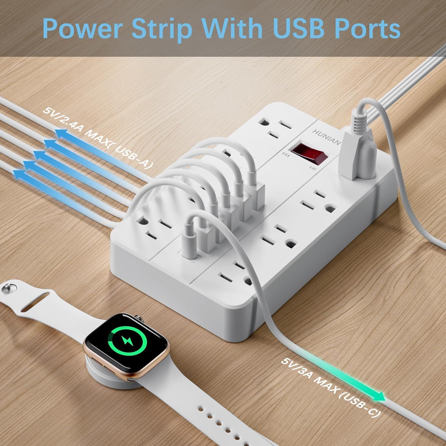 White 5 ft Power Strip with 8 Outlets and 6 USB Ports