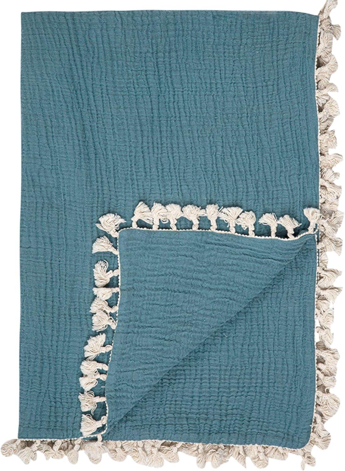 Riverstone Blue Cotton Muslin Baby Blanket with Fringe Trim