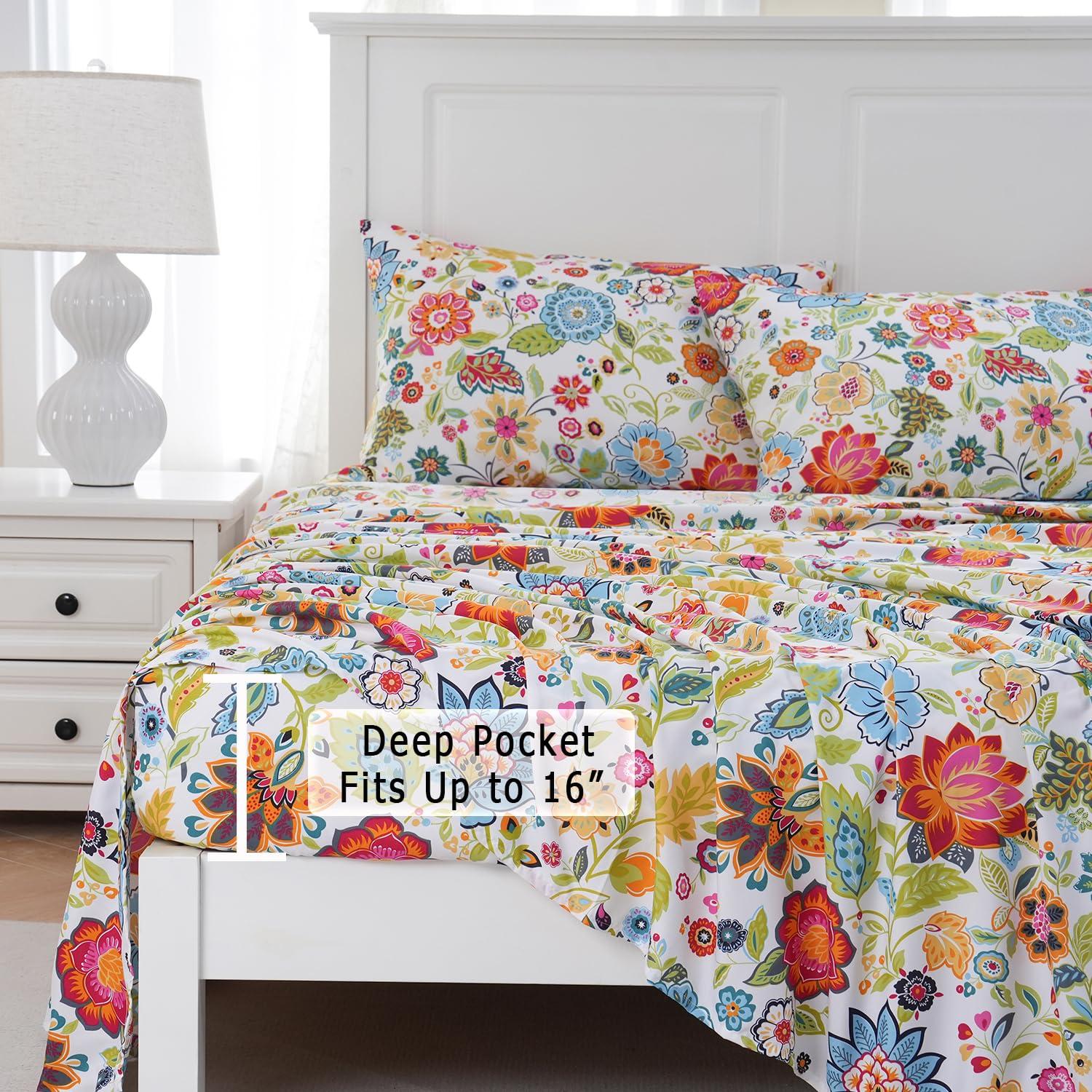 MEISHANG Queen Sheet Set - Floral Sheets Deep Pocket Ultra Soft Brushed Microfiber with Up to 16" Mattresses - Wrinkle Free - 4 Pieces(Queen,Spring Flower)