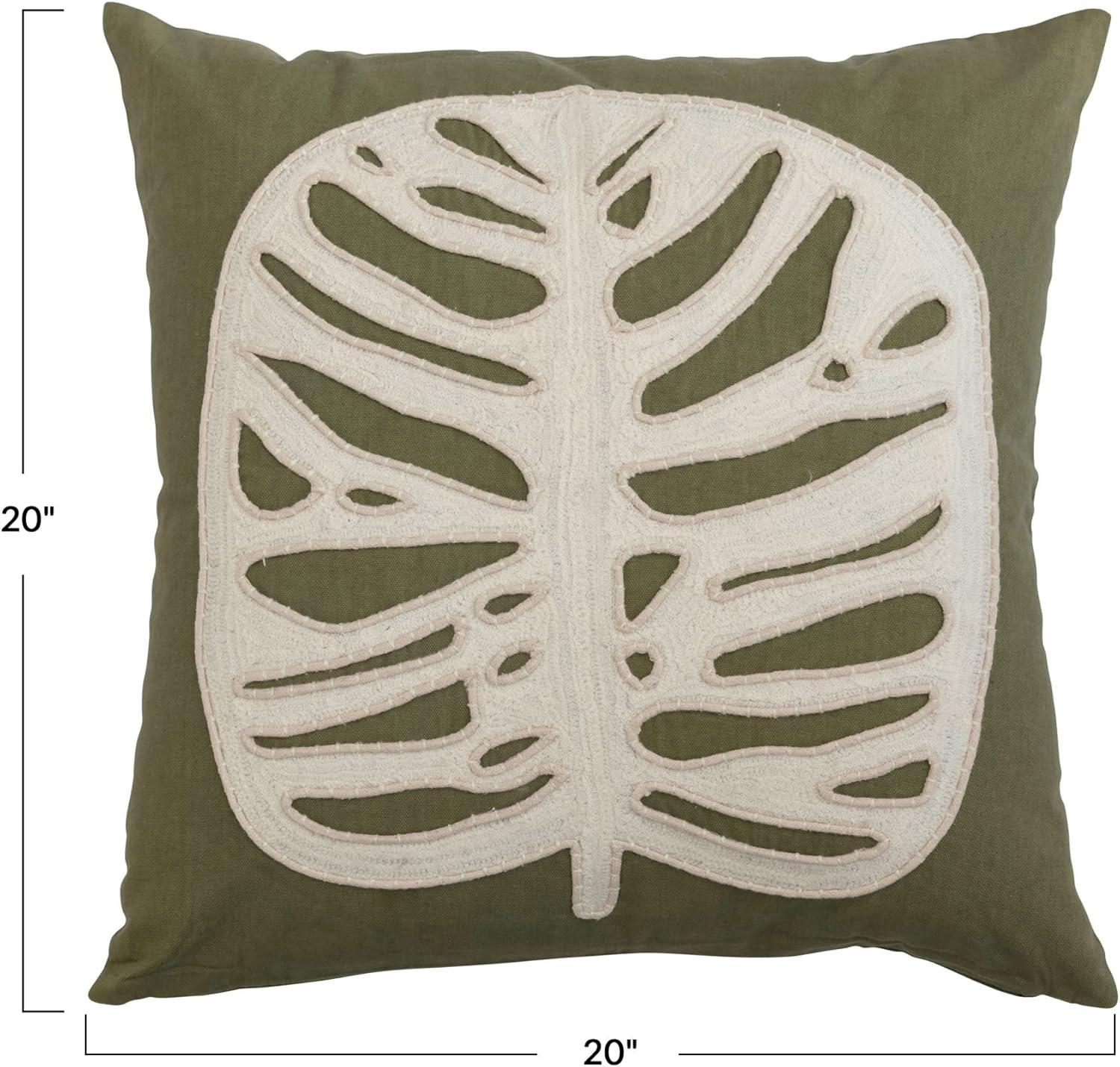 Green and Cream Cotton Embroidered Leaf Pillow Cover, 20" x 20"