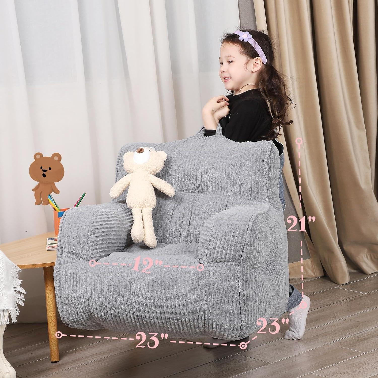 Grey Kids Bean Bag Chair with Plush Bear and Soft Fabric