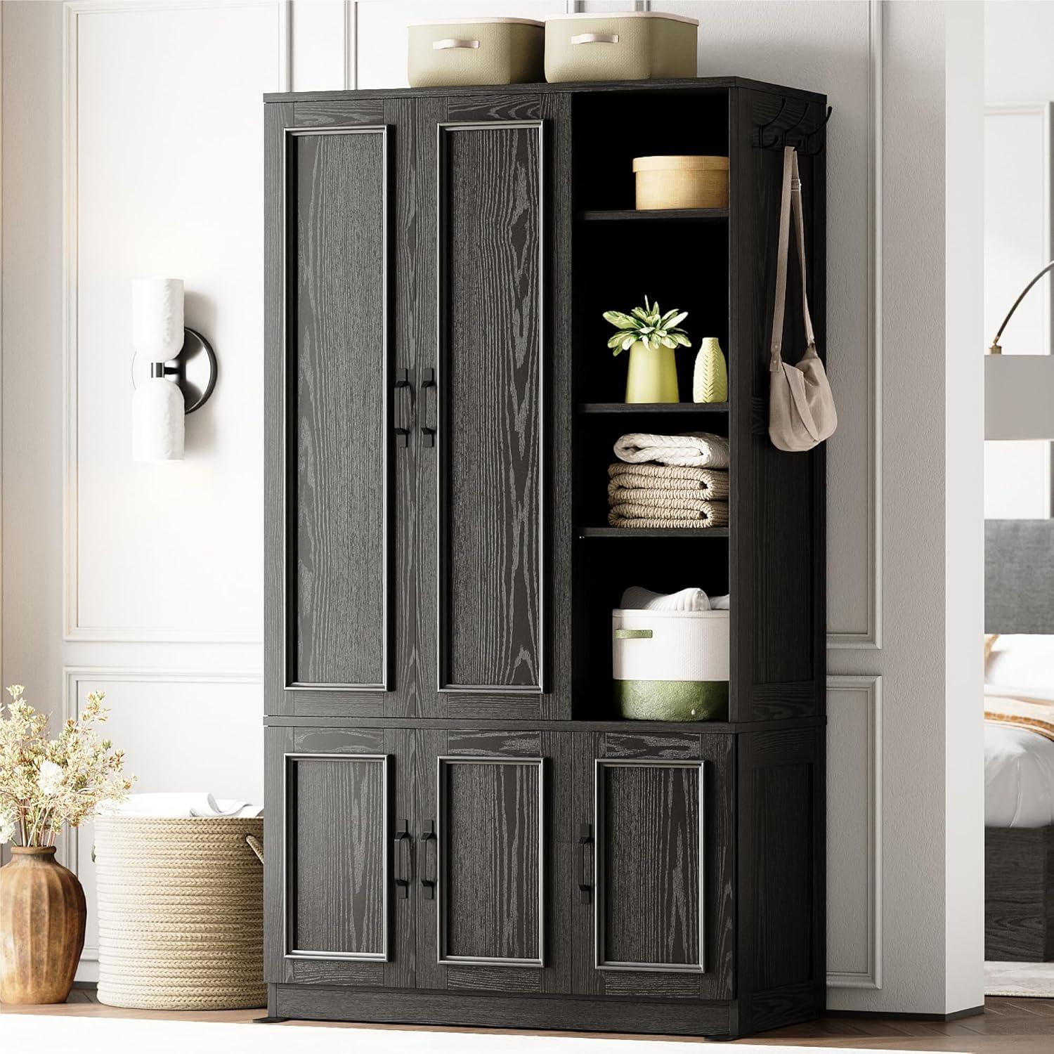 LIKIMIO Armoire Wardrobe Closet 70" H, 5 Doors Bedroom Wooden Wardrobe with 4 Storage Shelves and Hanging Rod, Clothing Storage Cabinet Organizer Combination, White