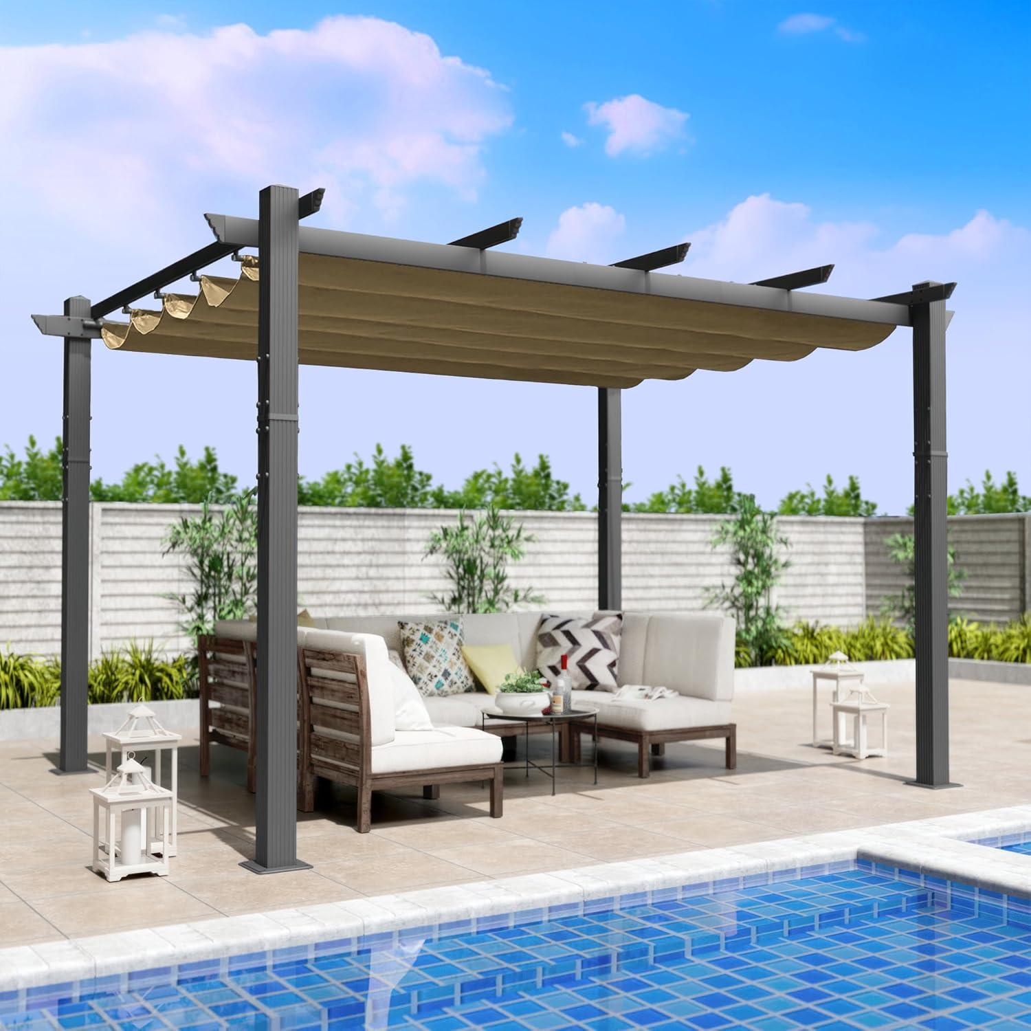 Beige Aluminum Outdoor Pergola with Retractable Canopy