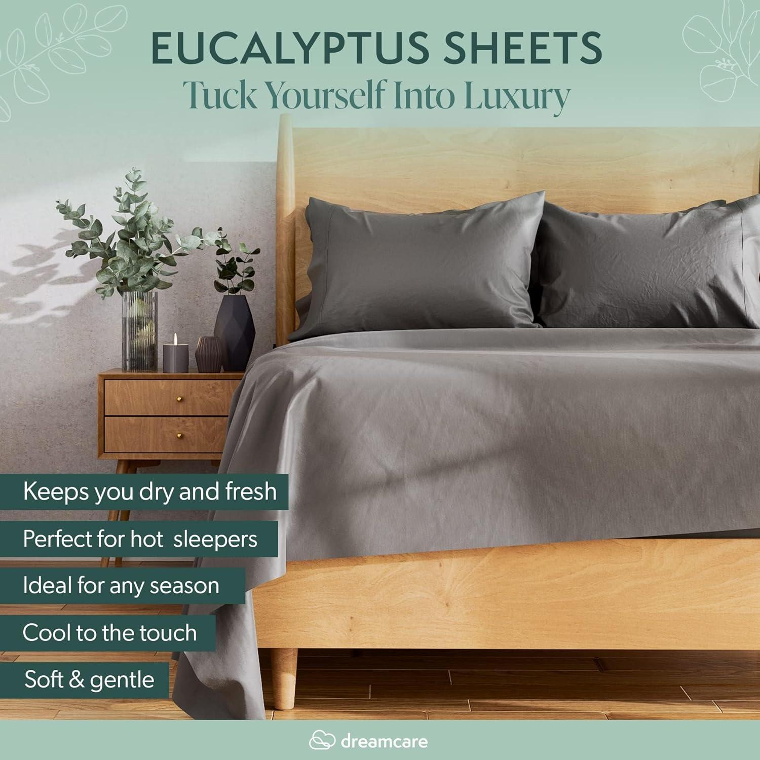 DREAMCARE - Bed Sheets Set - Queen Size Sheet with Side Pocket - 4pcs Set, 15 inches, Dark Gray