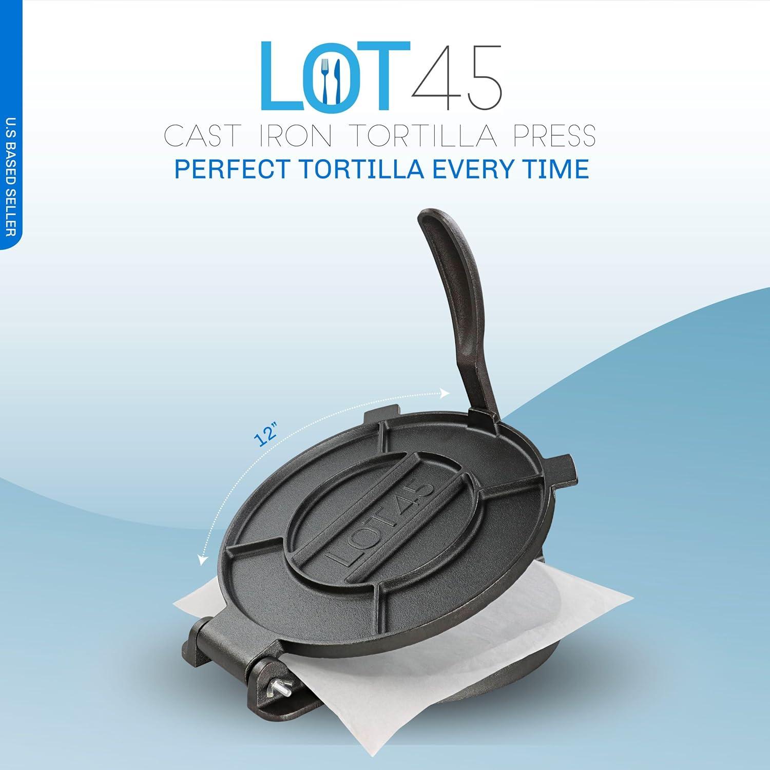 Lot45 Cast Iron Tortilla Press -12in Corn Tortillas Maker with 50 Paper Sheets