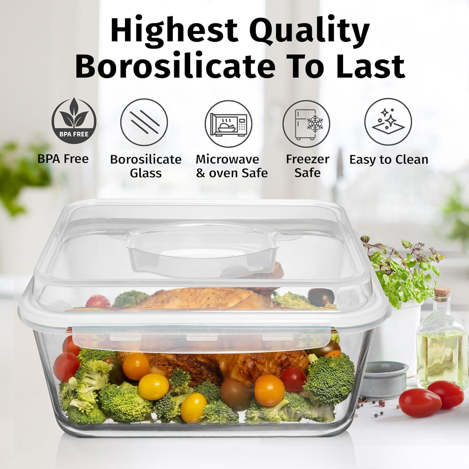 6500 ML / 220 oz / 28 Cup LARGE Glass Food Storage Container with Airtight Locking Lid. Ideal Storing food, Vegetables, Fruits. Baking Casserole, Lasagna, Roasting Turkey, Chicken BPA Free Oven Safe