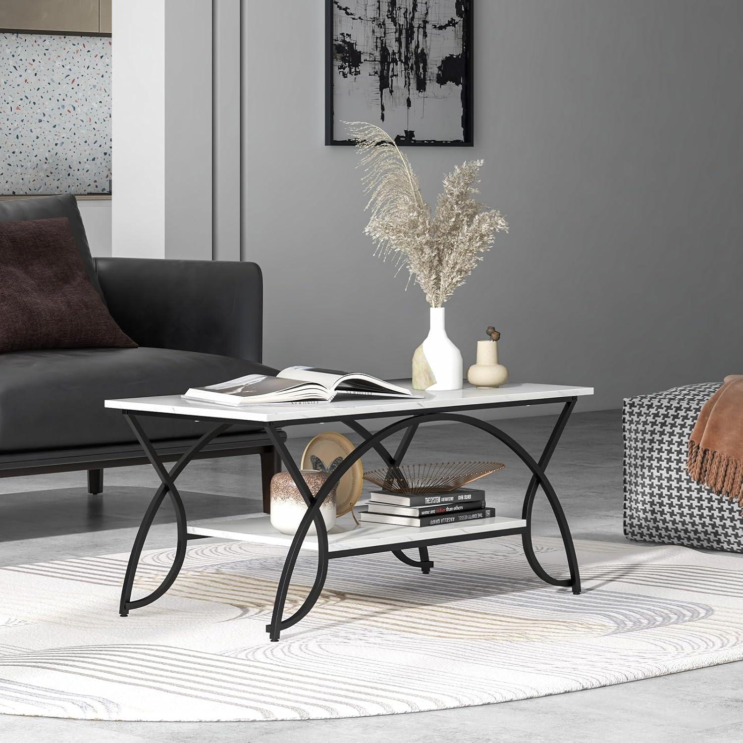 Kepooman Coffee Table,Center Table, Modern Sofa Table Tea Table,2-Tier Faux Marble Coffee Table with Marble Top and Metal Frame-Black & White