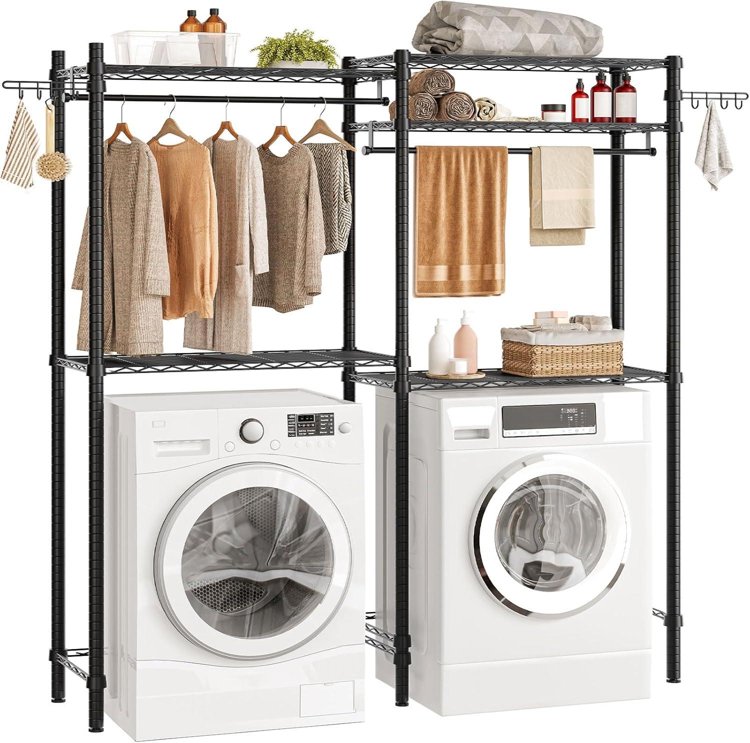 Kselythan Over Washer and Dryer Shelves,57.4" W Heavy Duty Laundry Room Storage Organization Clothes Drying Rack,Height Adjustable Towel Racks with Hamper and Hooks,Space Saving Shelf