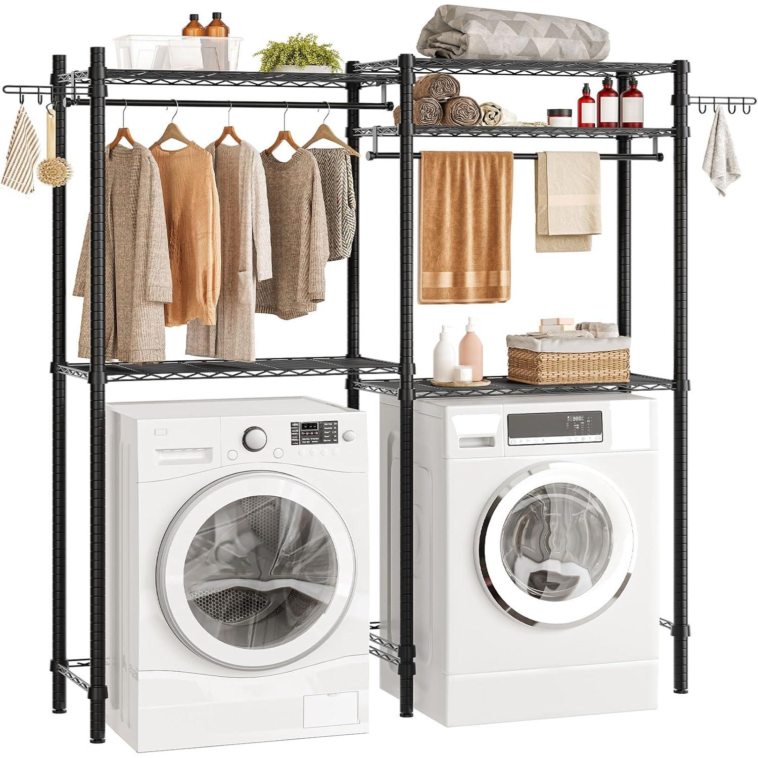 Kselythan Over Washer and Dryer Shelves,57.4" W Heavy Duty Laundry Room Storage Organization Clothes Drying Rack,Height Adjustable Towel Racks with Hamper and Hooks,Space Saving Shelf