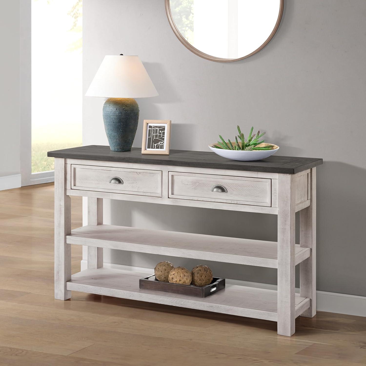 Coastal Rectangular Wooden Console Table with 2 Drawers, White and Gray- Saltoro Sherpi