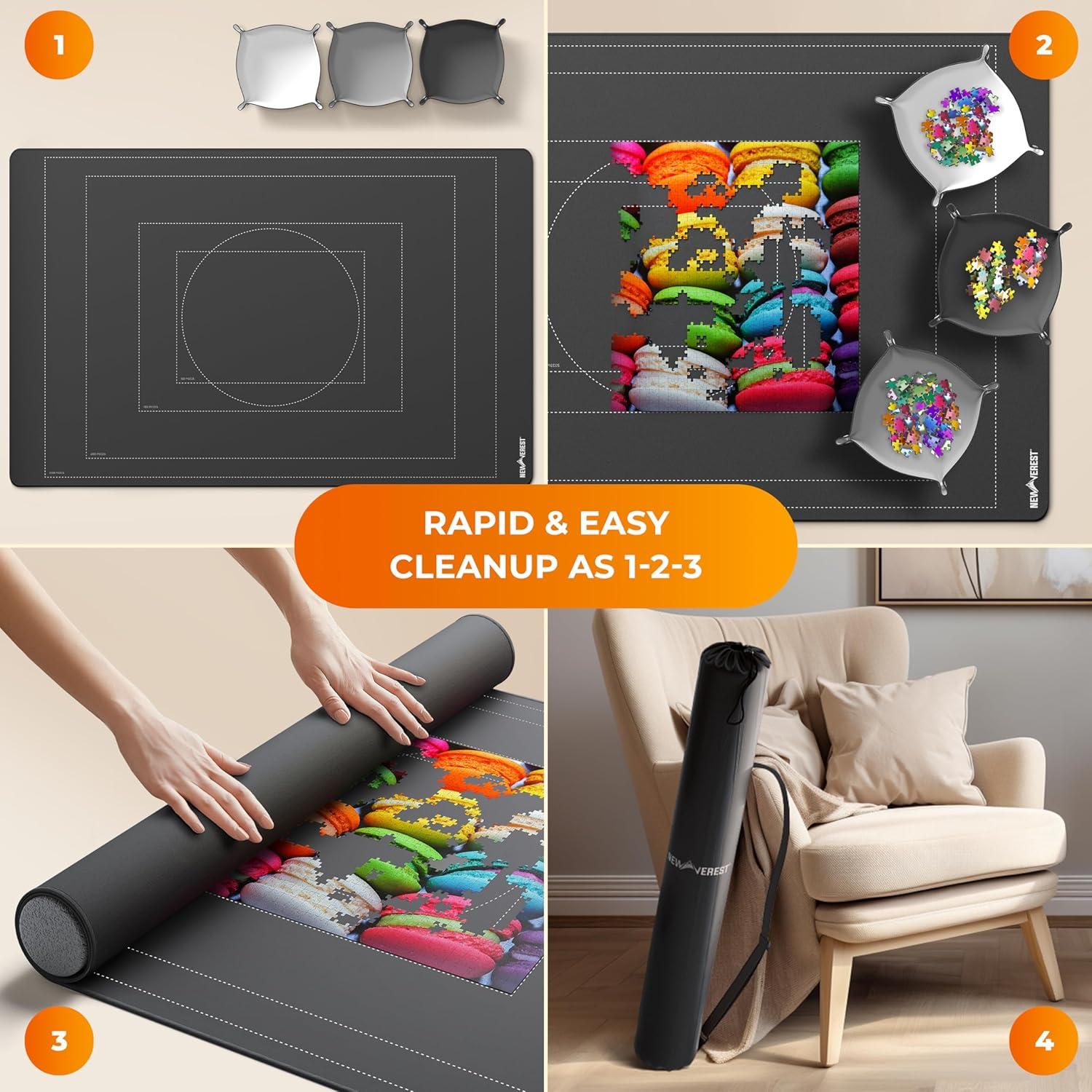 Newverest Jigsaw Puzzle Mat Roll Up, Saver Pad 55” x 35.5” Portable Keeper Up to 3000 Pieces with Non-Slip Rubber Bottom and Polyester Top + 3 Puzzle Sorting Trays, Travel-Friendly Storage Bag