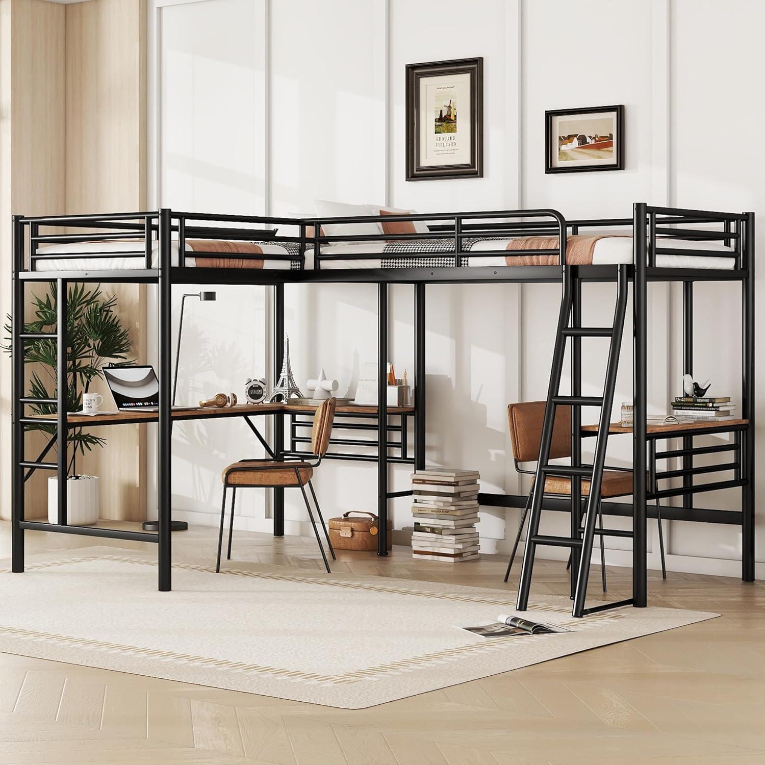 Mason & Marbles Double Twin Size Loft Beds, Metal L-Shaped Loft Bed Frame With Two Desk