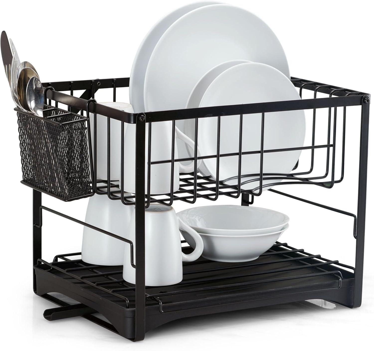 Black Metal 2-Tier Dish Rack with Utensil Cup